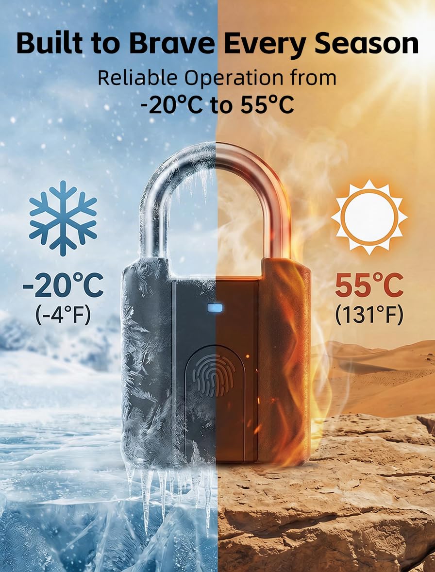 Smart Fingerprint Padlock with Key Backup, Stores 20 Prints, IPX5 Waterproof, Keyless Lock with CR2032 Battery for Gym Locker, Gate, Fence & Shed (Black)