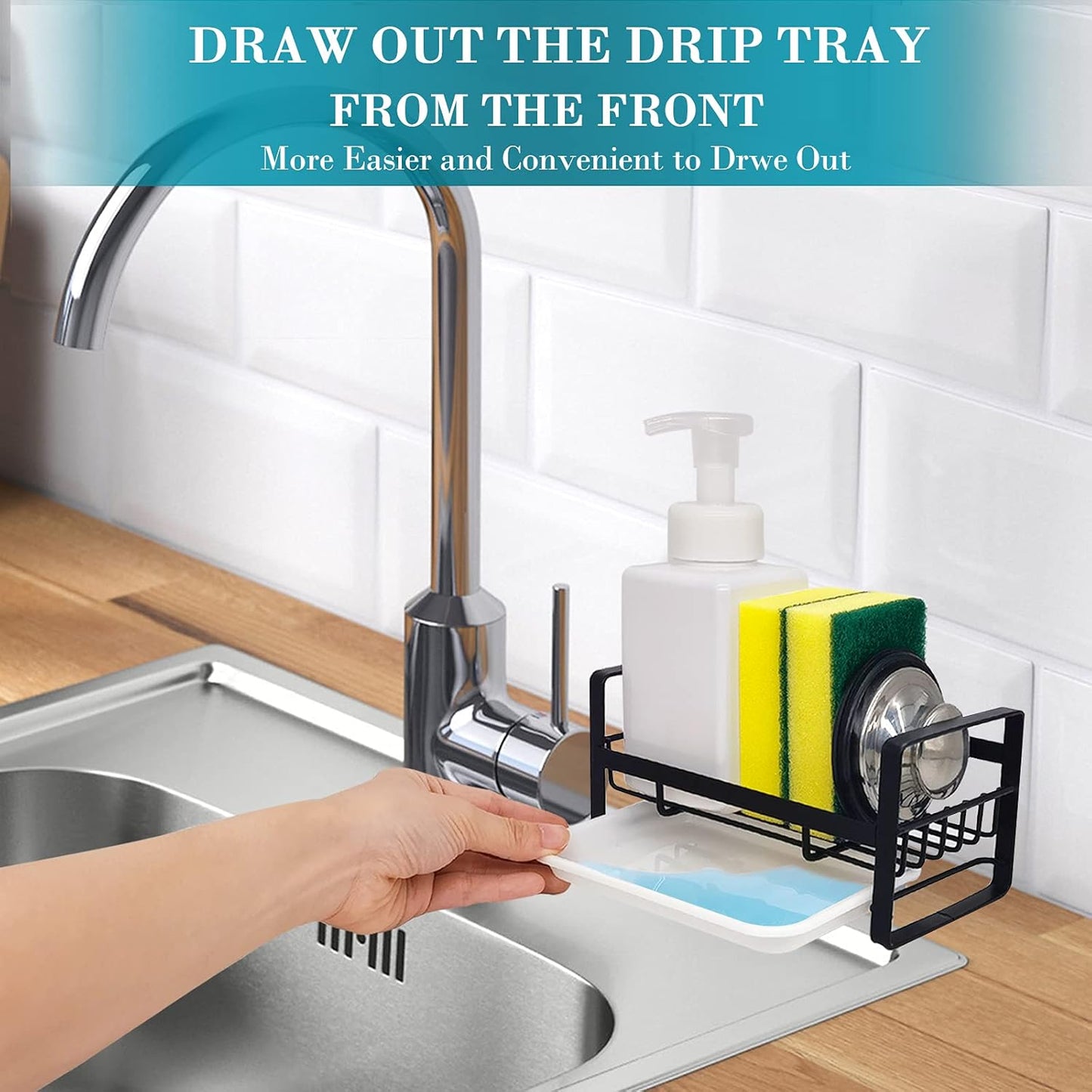 VANTEN Kitchen Sink Caddy - Matte Black Stainless Steel Sponge Holder & Soap Dish Organizer | Wall Mount or Countertop