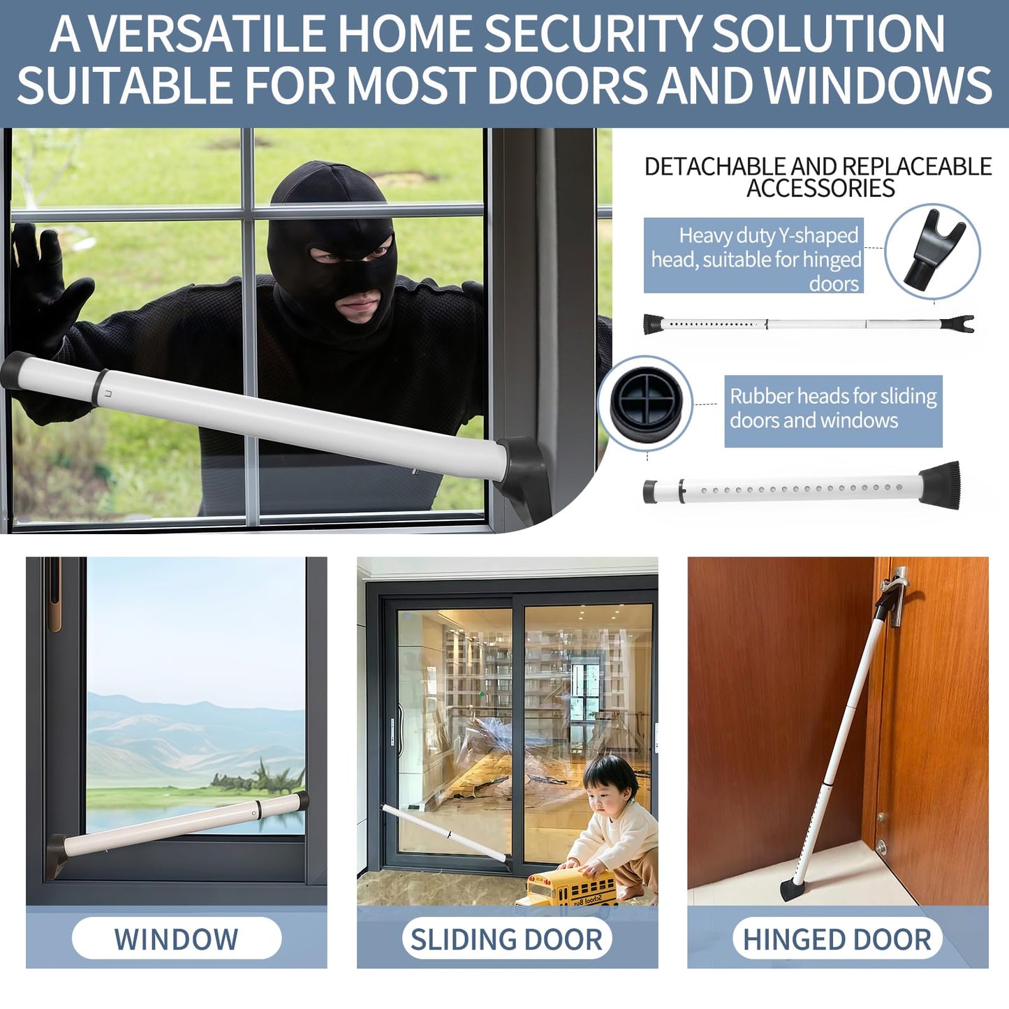 Upgraded Multi-Functional Door Security Bar & Sliding Windows Bar,Adjustable Heavy Duty Stoppers Jammer for Apartment,Home, Hotel Room