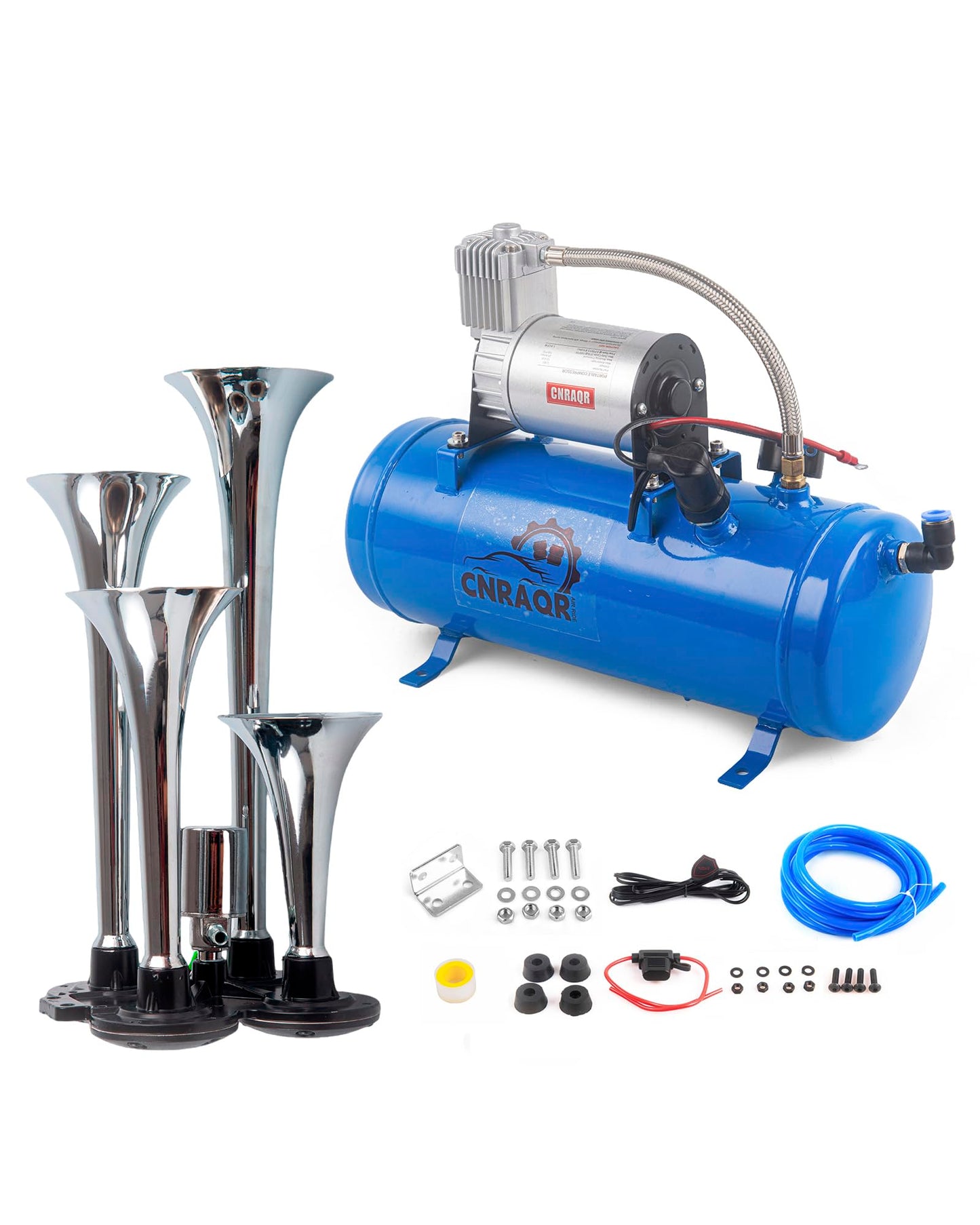 CNRAQR 178DB 4 Horns Train Horn with 1.6 gallon Air Tank and 150 PSI Compressor 12V Kit Train Horn 6 L Air Horn Kit for Truck Car Jeep SUV Train Boat