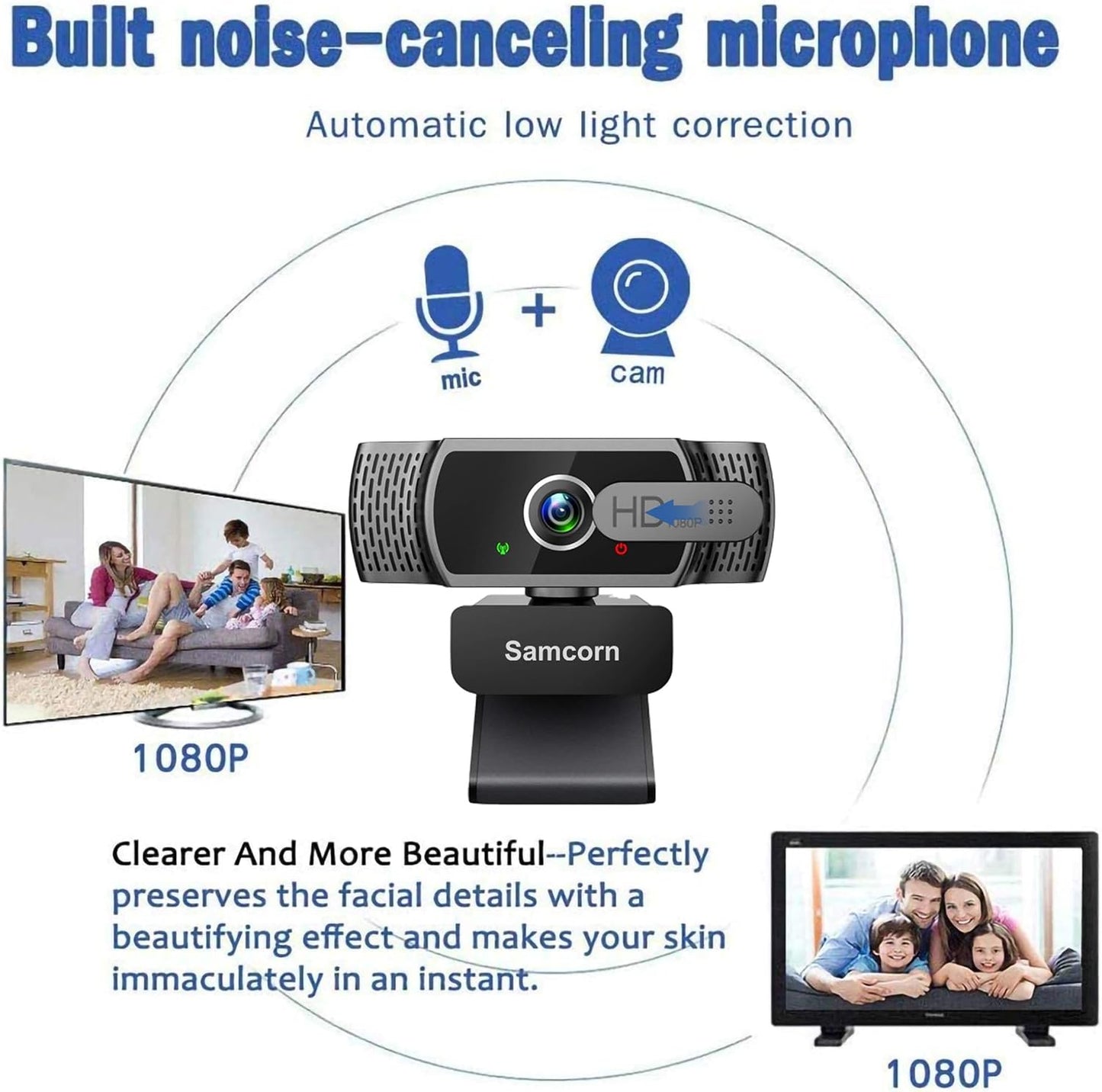 Samcorn Desktop,1080P 3D Webcam with Microphone for HD USB Webcam Live Streaming Laptop PC Computer Web Camera