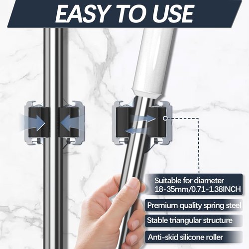 3-H Mop and Broom Holder - Heavy-Duty Wall Mount Organizer for Yard Tools | Black, 6 Pack