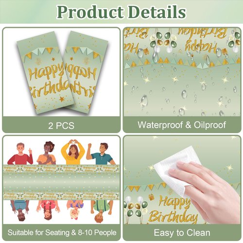 2Pcs Sage Green Birthday Tablecloth Decorations for Women Girls, Light Green Happy Birthday Table Cover Party Supplies, 13th 16th 21st 30th 40th 50th Bday Plastic Disposable Rectangular Table Cloth