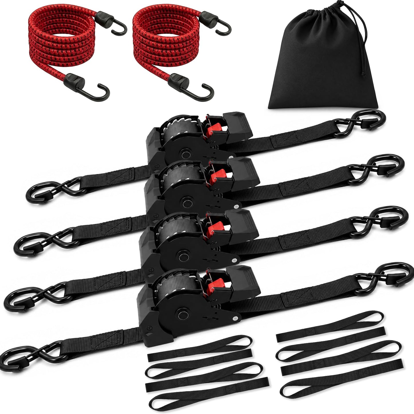 Retractable Ratchet Straps (4 Pack) - 1" x10 ft Heavy Duty with Auto Retract, Safety Lock Hooks & 1650 lb - Soft Loops + Bungee Cords for Truck, Trailer, Motorcycle, ATV, UTV, Moving