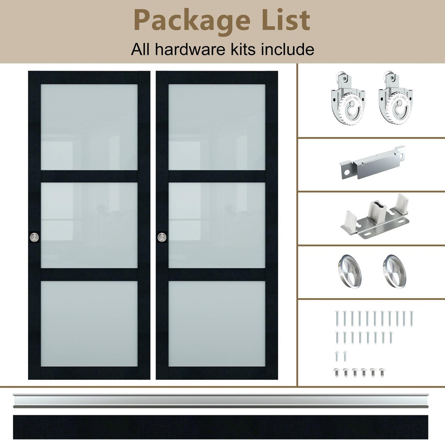 BARNSMITH 60x80" Sliding Closet Door, 3-Panels Preassembled Frosted Glass Door Panel with Hardware Kits & Matching Fascia, MDF Covered with Water-Proof & Anti-Scratch PVC Surface, Black