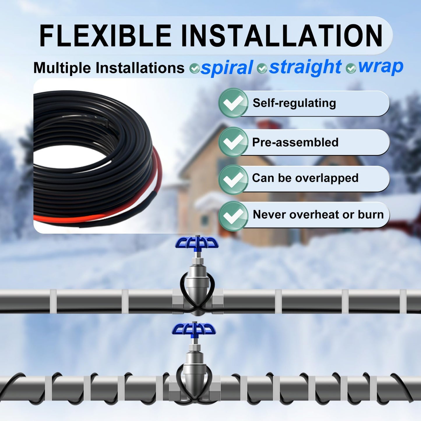 HEATIT 8PLSR Intelligent Commercial and Industrial Grade Self-Regulating Heat Cable, Frost Protection for Water Pipes and Snow Melting on Roofs,120 Ft Cable, 120V, 8 Watts/Ft