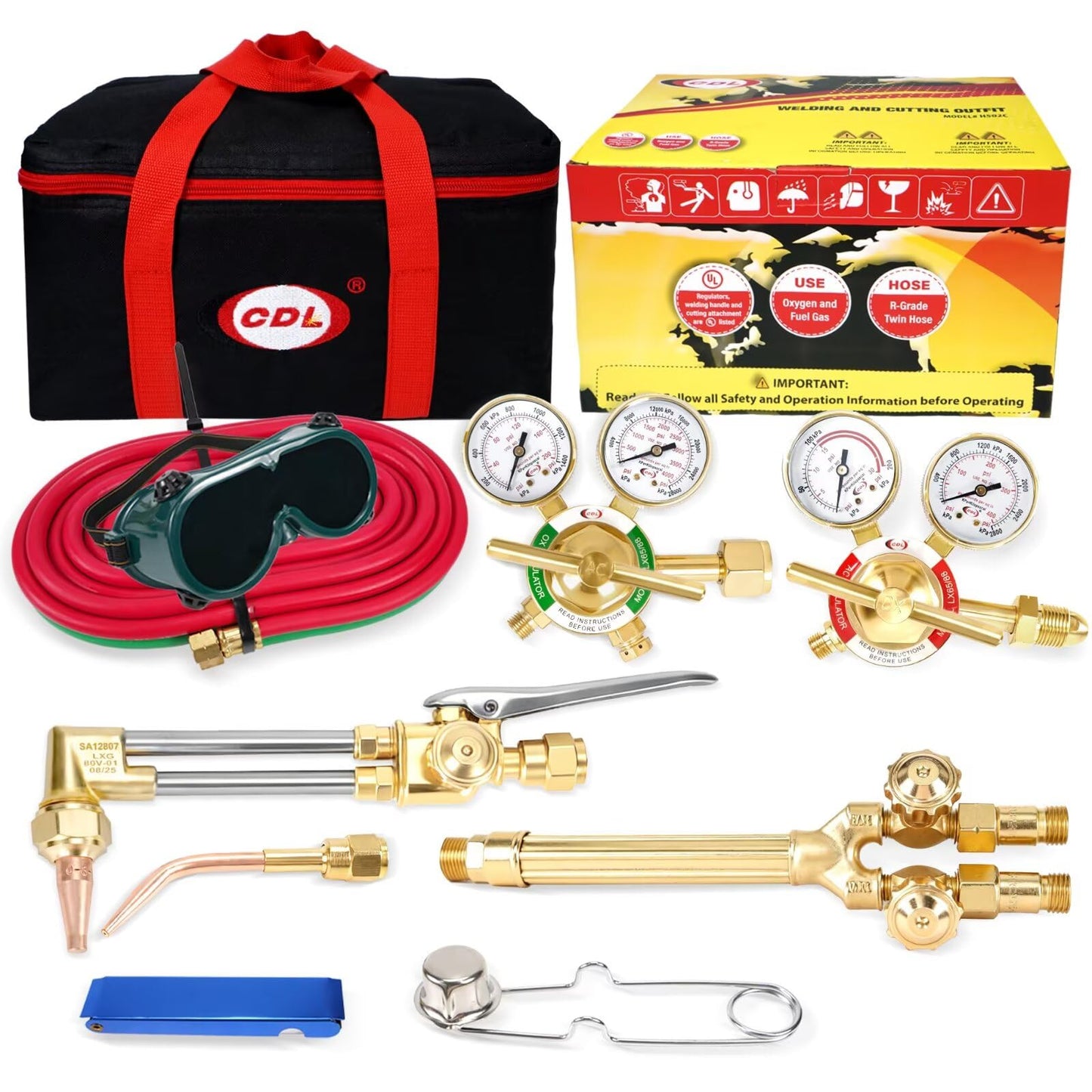 CDL Oxy Acetylene Torch Kit with Check Valves,Medium Duty,Gas Welding Cutting Torch Kit with Hose,Regulator Gauges,Cutting Tip,Welding Tip,Goggles,Carrying Bag
