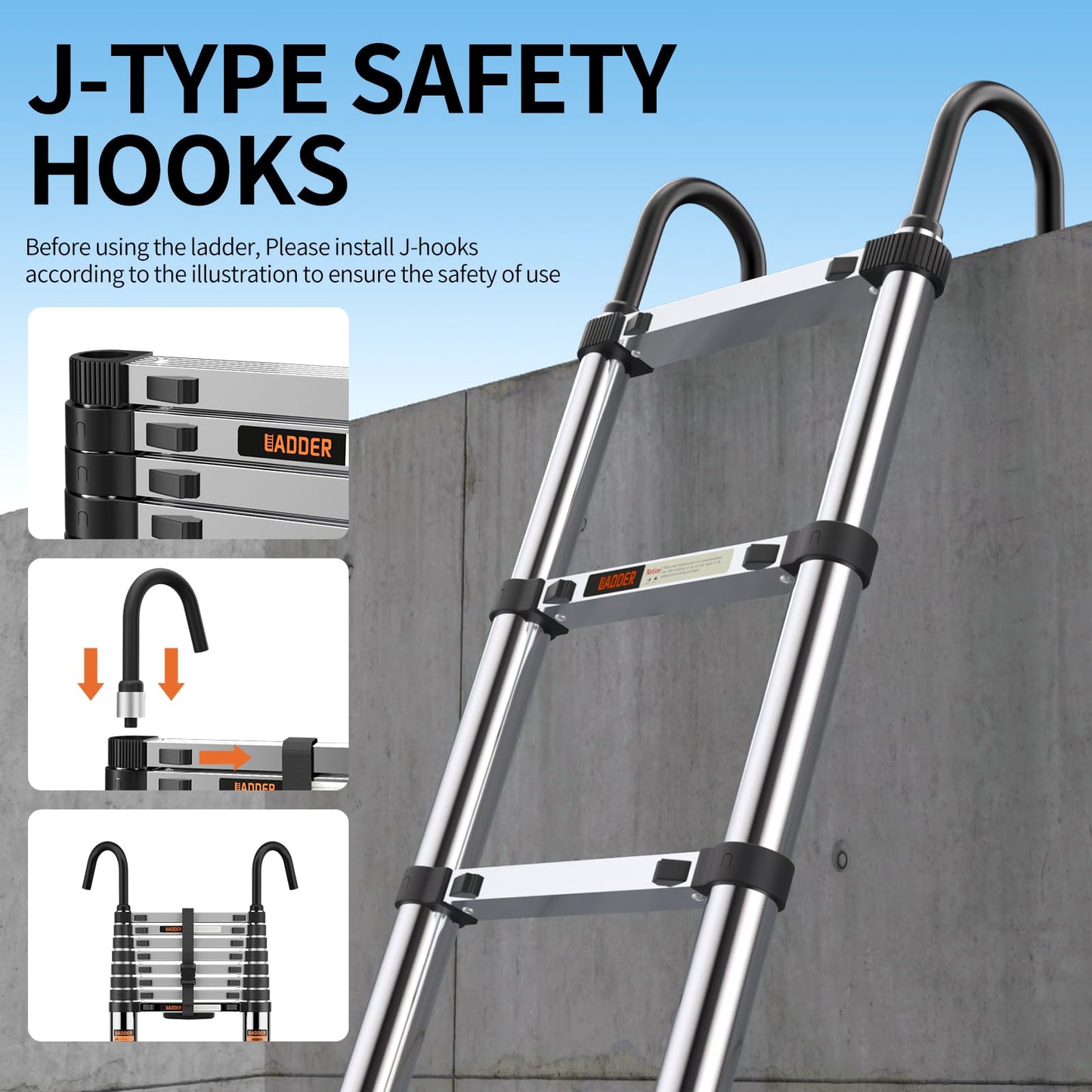 Telescoping Ladder,with Stable Hook and stabilizer barand,Extension Ladder, Heavy Duty 330lbs Max Capacity, Multi-Purpose Collapsible Ladder for RV or Outdoor Work (16.5FT/5.1M)