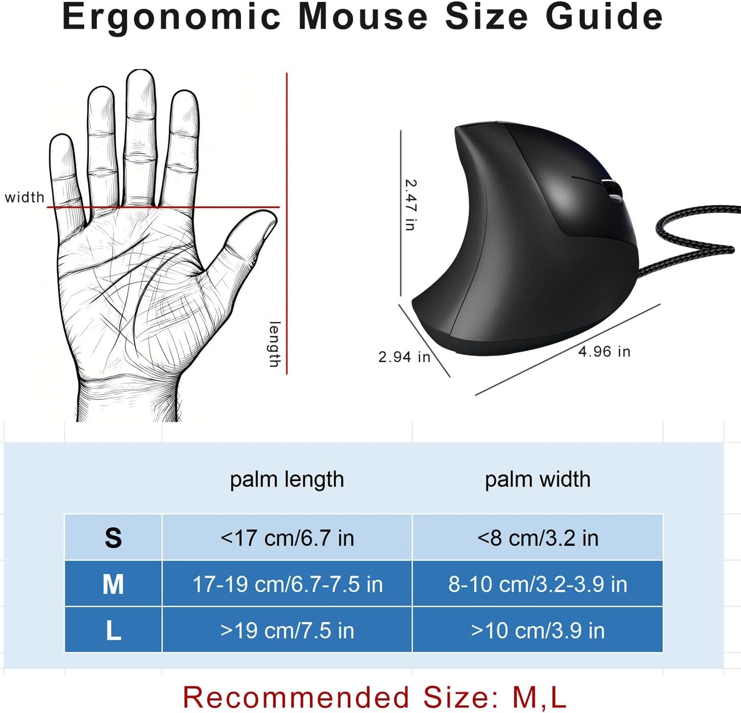ROCK&ROWN Cable,6 Buttons,6400 Wired Ergonomic Mouse,Vertical Mouse with Nylon-Braided Adjustable DPI,Silent Mouse