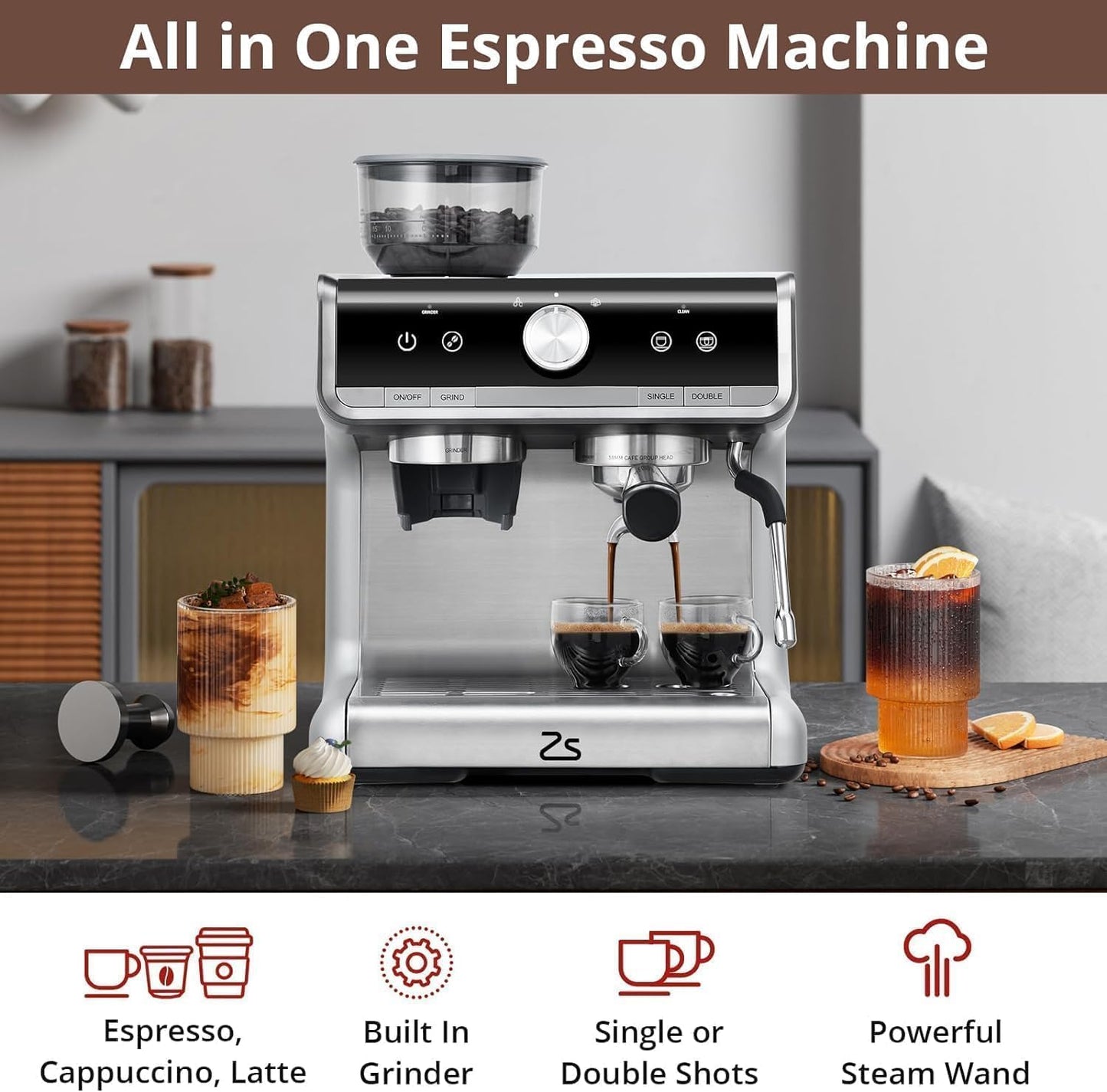 Takywep Semi-Automatic Espresso Machine - 1450W/20 Bar, 30 Grinder Settings, Fast Heating, Milk Frother Steam Wand, Home & Hotel Use, Silver