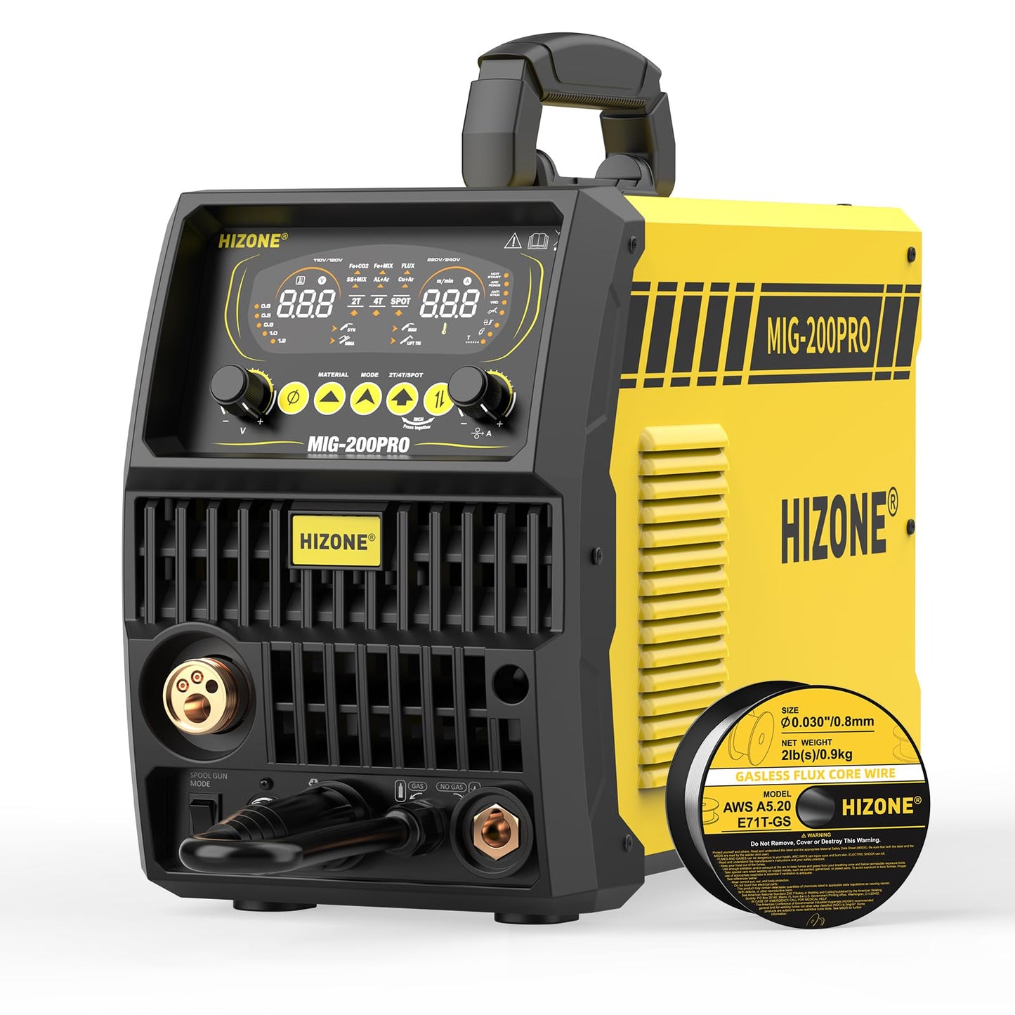 HIZONE MIG-200PRO MIG Welder & HIZONE E71T-GS .030inch-2lb Flux Core Welding Wire, 1-Pack