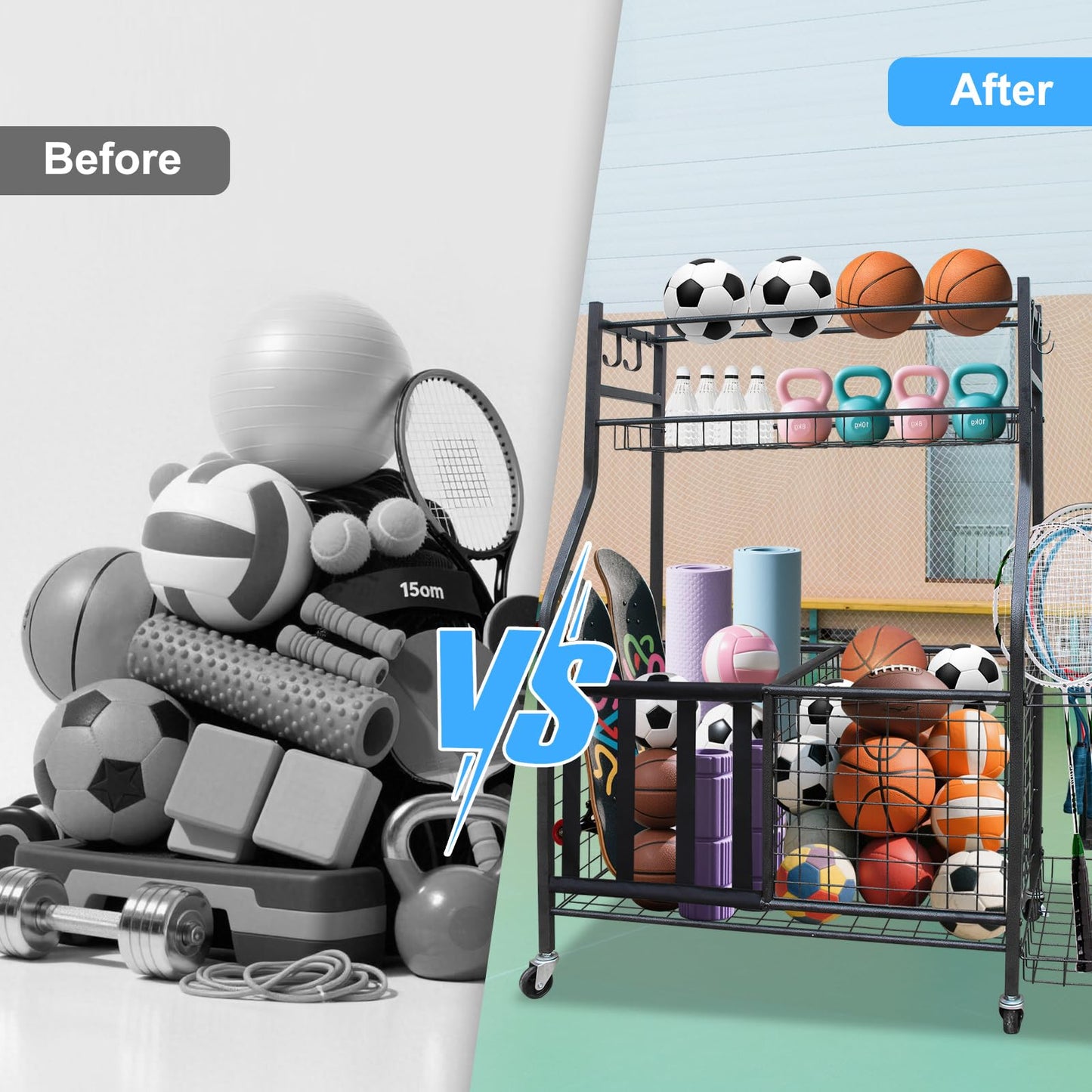 ICSPOID Sports Equipment Garage Organizer, Garage Ball Storage Rack with Basket, Hooks and Rolling Cart for Sports Gear and Toy Storage, Heavy Duty Ball Holder Indoor/Outdoor Use