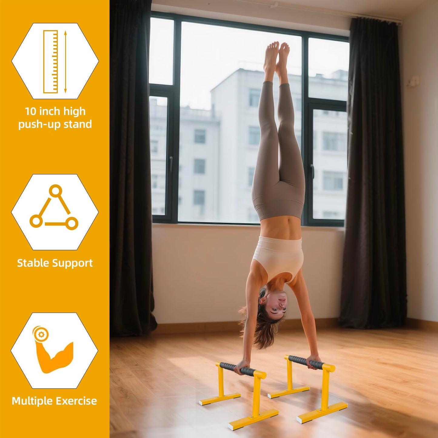 Purife 1 Pair Yellow Strength Training Parallettes Push Up Bars, Pushup Handles Calisthenics Equipment for Home Workout, Anti-slip Gymnastics Bars, Handstand & Dip Bar for Outdoor Exercise