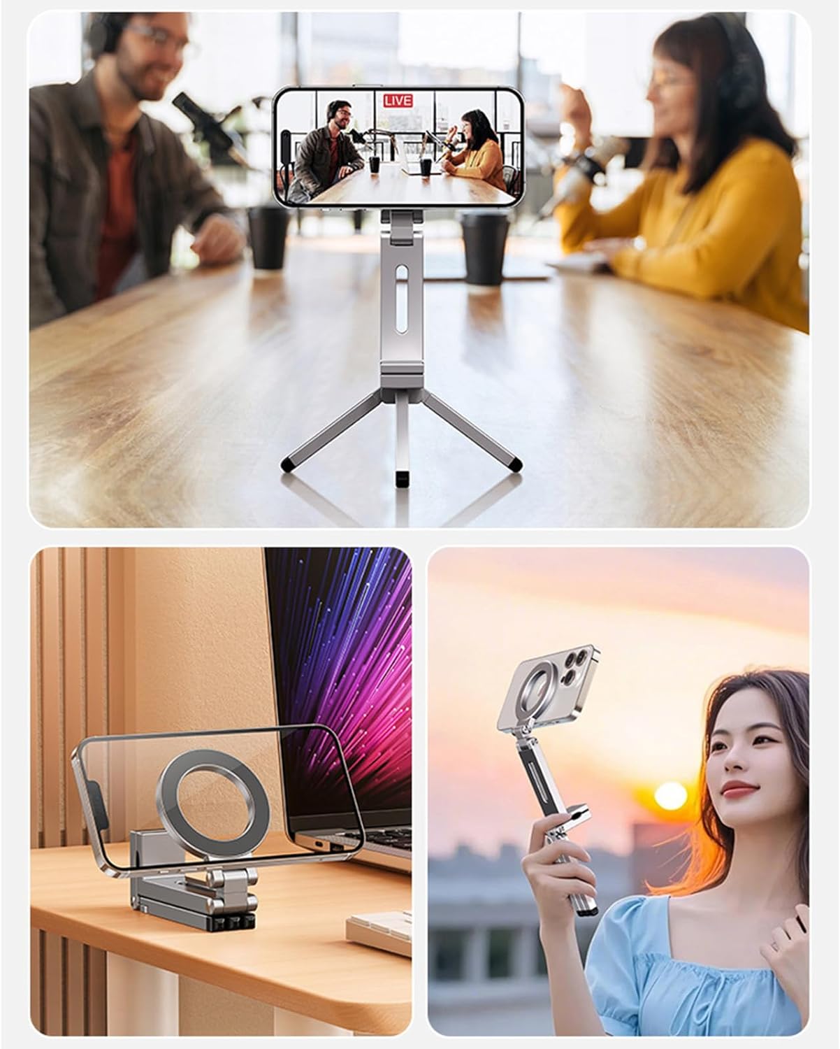 CBDYWVR 17/16/15/14 360 1/4" 2 Magnetic Tripod for iPhone Pro Max Air, Aluminum Rotating Phone Stand with Magic Clip