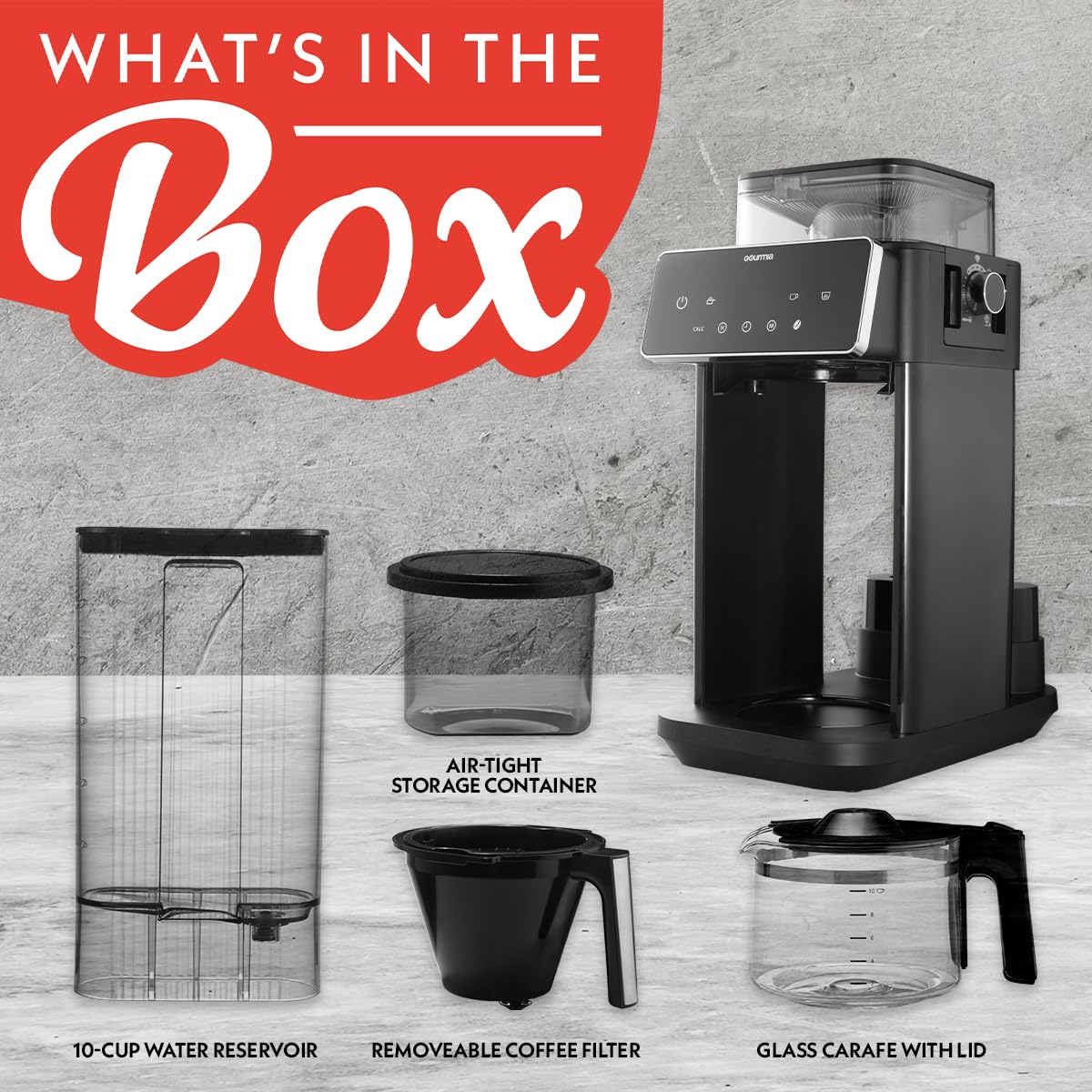 Gourmia 10 Cup Grind & Brew Coffee Maker - Built-In Burr Grinder, 3 Brew Strengths, Programmable Digital Display, Pause & Serve, Keep Warm, Auto Shut Off, Black