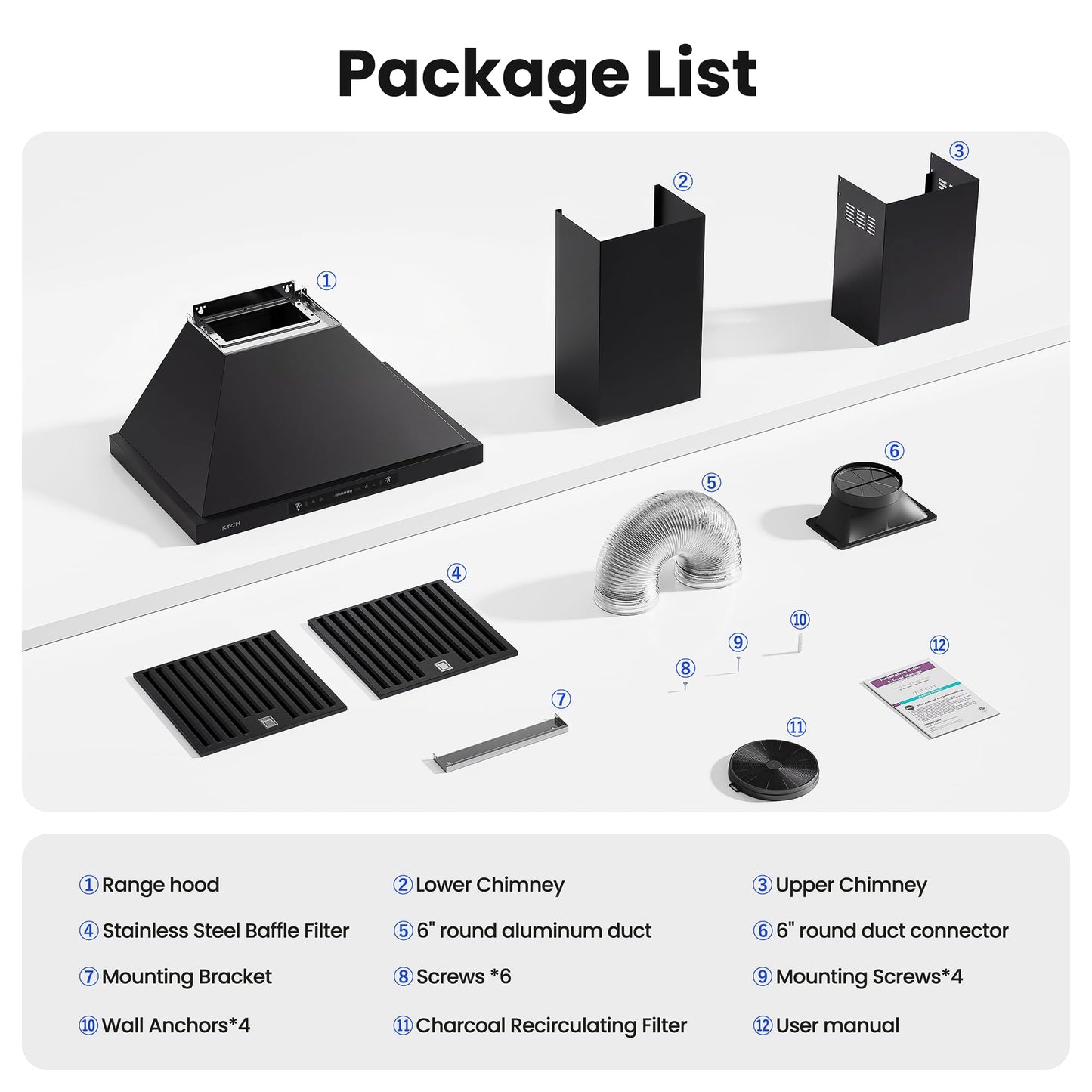 IKTCH 30 inch Black Wall Mount Range Hood, 900 CFM Ducted/Ductless Stainless Steel Vent Hood with Gesture Sensing & Touch Control Switch Panel, 2 Pcs Adjustable Lights