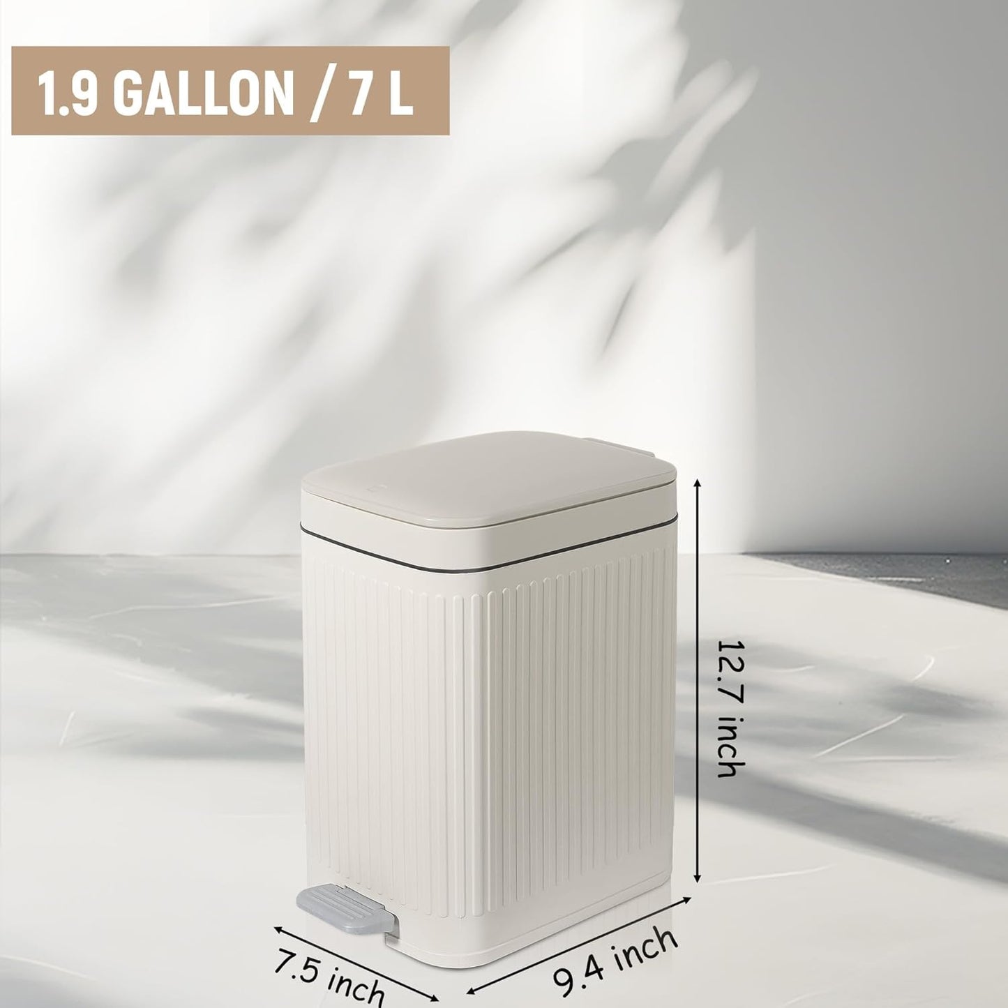 Rejomiik Small Bathroom Trash Can - Slim Soft Close Lid Wastebasket | 1.9 Gallon Cream Color
