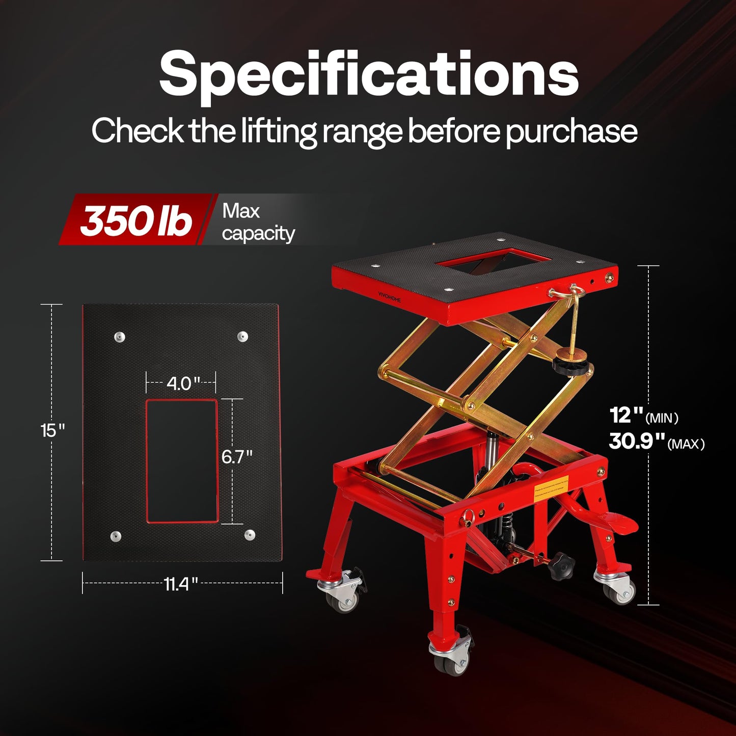 VIVOHOME 350 Lbs Heavy Duty Hydraulic Motorcycle Lift Jack, ATV Dirt Bike Foot Operated Scissor Stand Table with 4 Wheels and Removable Stopper, Red