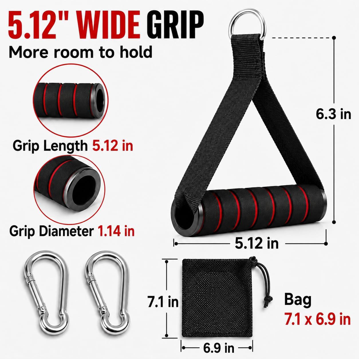 Cable Machine Handles 2 Pack, Foam Grip Exercise Handles with Carabiners and Mesh Bag for Lat Pulldown, Cable Rows, Tricep Pushdown, Resistance Bands and Home Gym Workouts