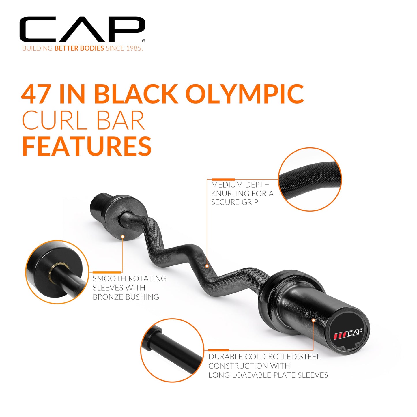 CAP Barbell 2' Olympic Solid Curl Bar, 47-Inch, No Collars, Black (New Version) (OBIS-47B-3)