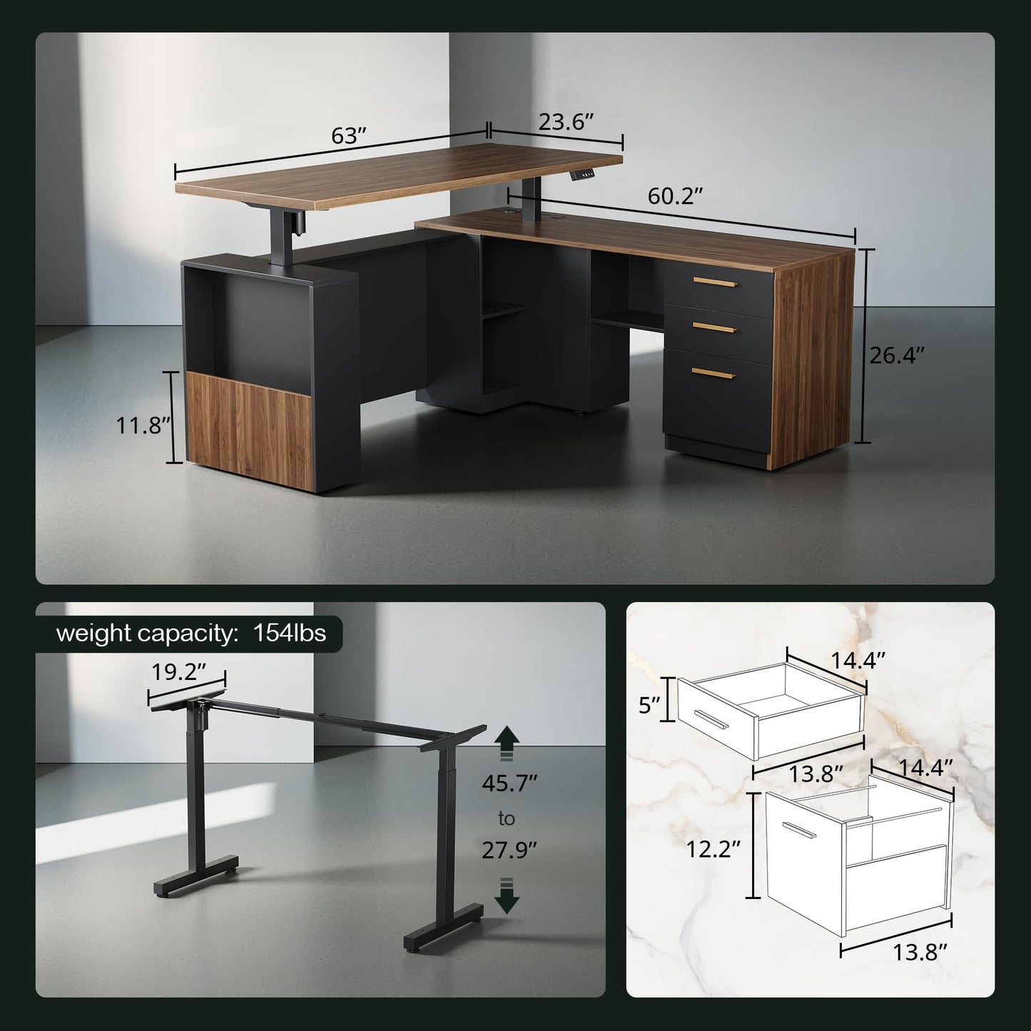 ModernMate 63" Standing Desk with File Cabinet, Privacy Panel, AC/USB, 1.18" Desktop, Executive L Shaped Height Adjustable Electric Stand Up Desk, Home Office Table with 3 Drawers, Black Walnut
