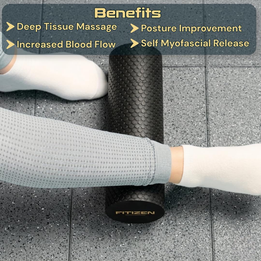 Fitizen Foam Roller for Muscle Massage, Stiff Back Pain Relief, Physical Therapy, Deep Tissue, Exercise Equipment for Home Gym, Stress, Yoga, Pilates for the Fit Citizen (Black, Mini 12 x 4 Inches)