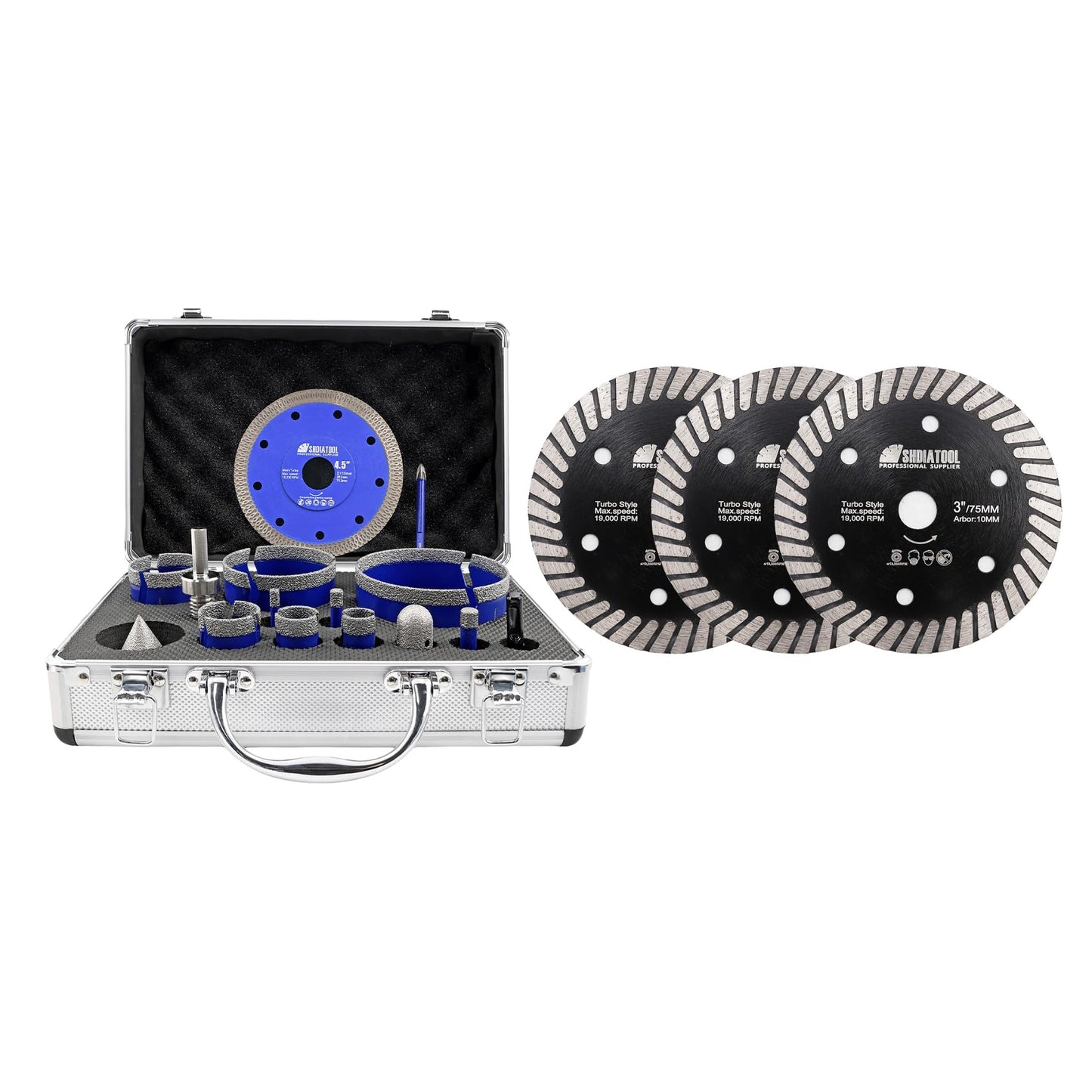 SHDIATOOL Diamond Tile Drill Bits Kit 15pcs, Porcelain Hole Saw Sets, Core Bits Cutter for Drilling Ceramic Marble Granite (6/8/10/20/25/35/50/75/100/20MM/2/SDS/HEX/6MM/4.5”)