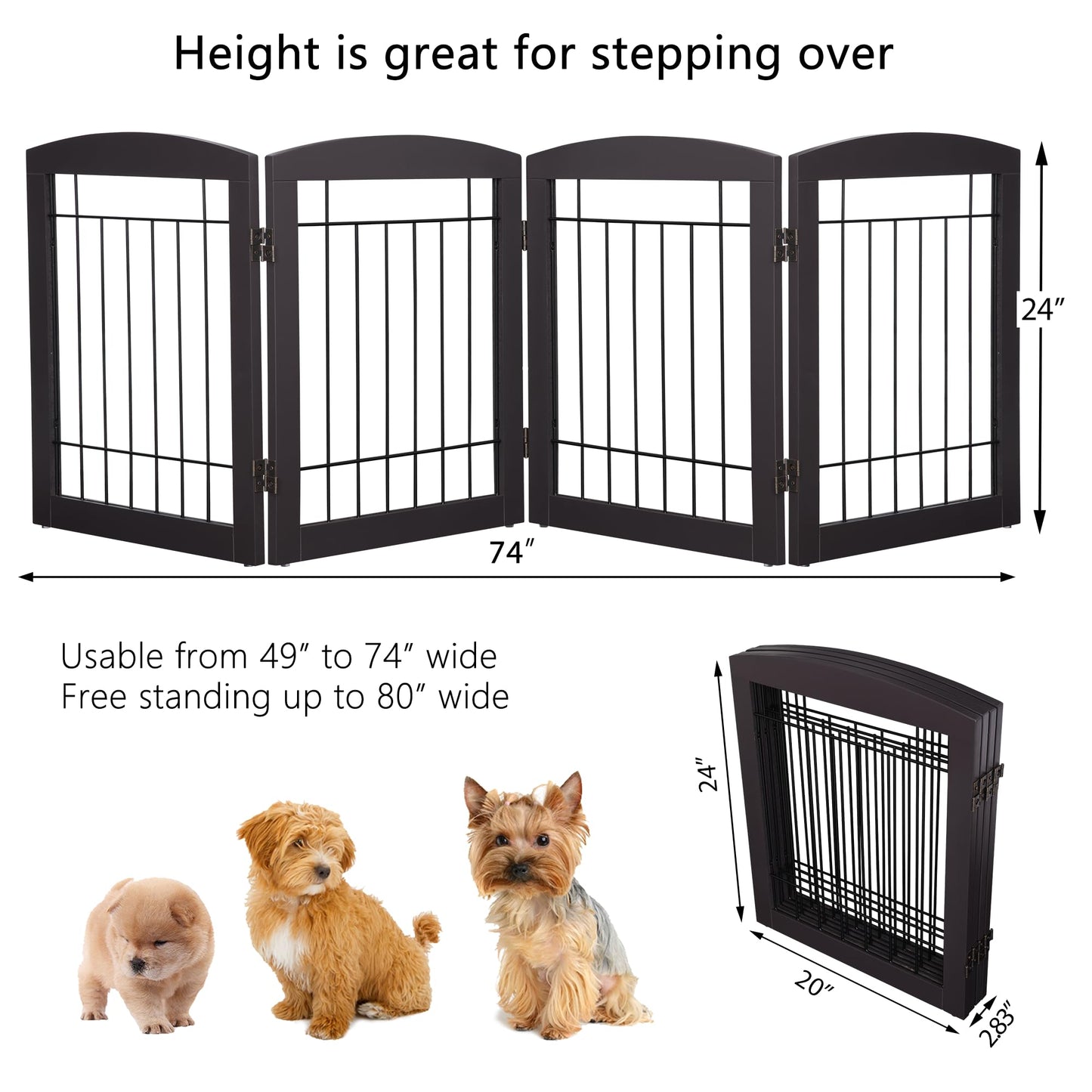 Dog Gate - 4 Panel Foldable Pet Gate Indoor for Doorways, House, Stairs, Freestanding Gate for Dogs - 80x24 -Inch Puppy Safety Fence by PAWLAND, Espresso