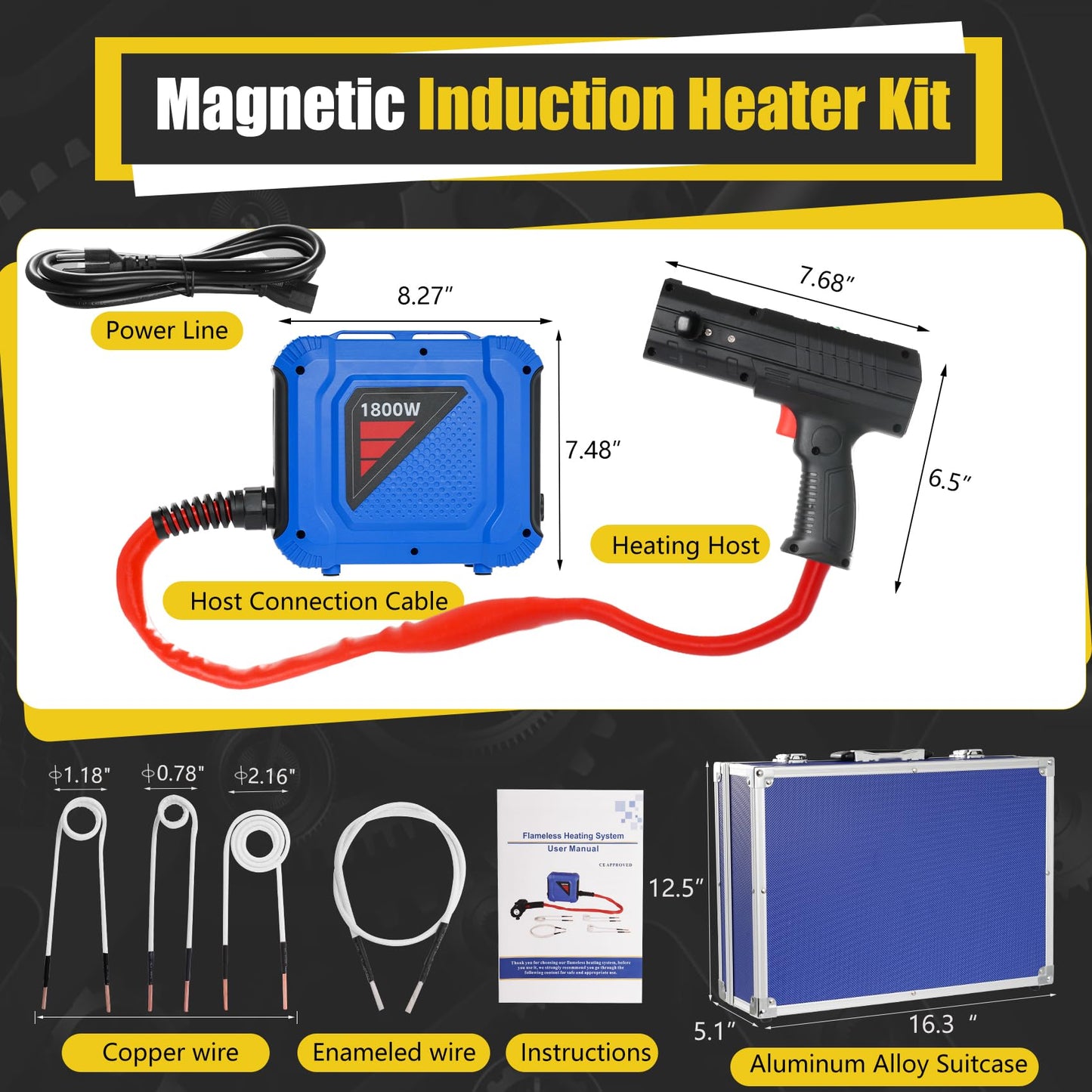 Magnetic Induction Heater Kit, 1800W Induction Heating Bolt Removal, Lightweight Induction Bolt Buster for Rusty Screw Removal with 4 Coils And Storage Box, Single Handed Operation, 8S Heating Up