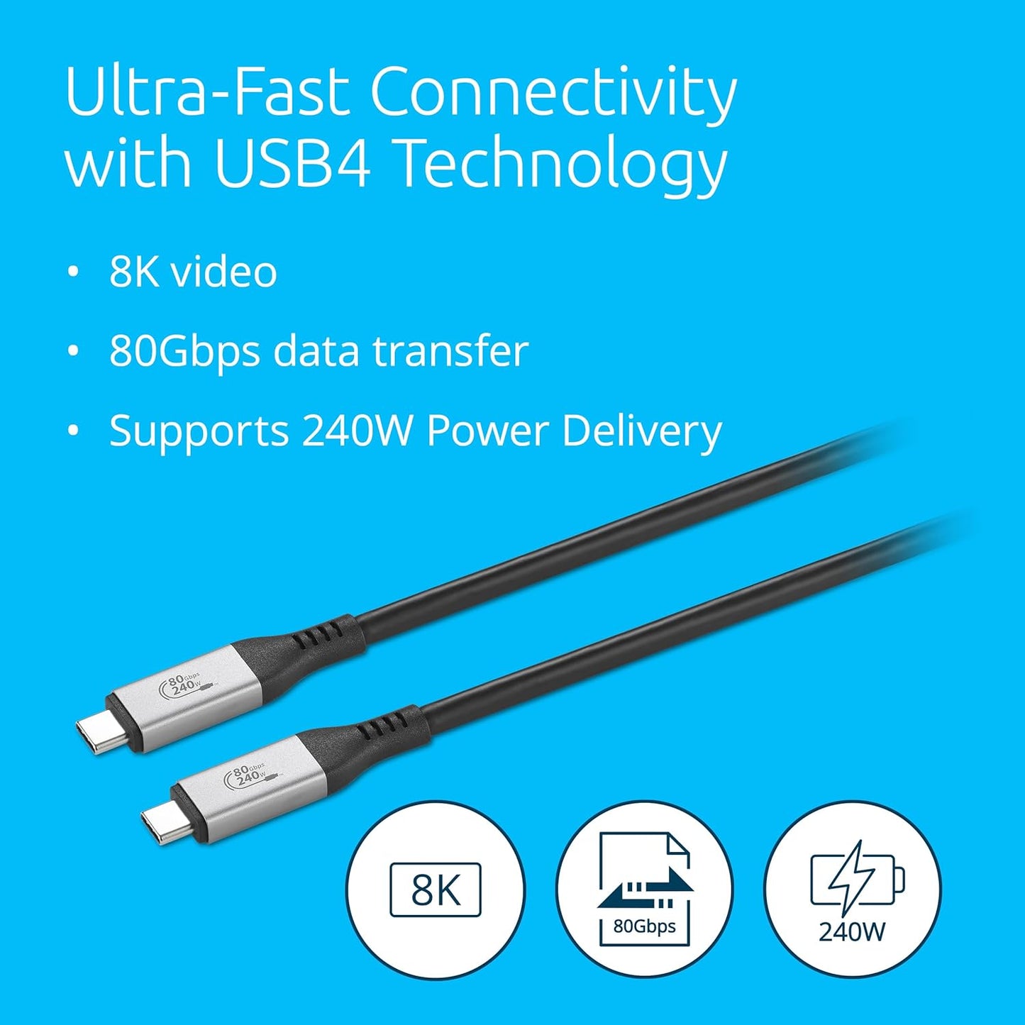 USB4 1.5m, 80Gbps, 8K 240W 3.1), (K32301WW) Kensington Cable Supports up to Video, up to Power Delivery (PD Compatible