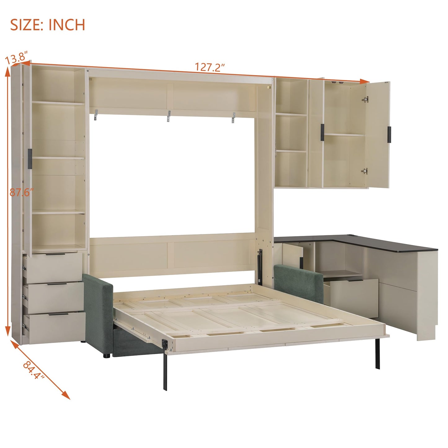 Murphy Bed Queen Bed Frame with Headboard,Hydraulic Storage,Sofa,Hydraulic Lift Wood Wall Murphy Beds w/Shelves & Drawers,LED/USB Lighting,Desk,2 Pillows,Hideaway Bedframe for Bedroom,Beige