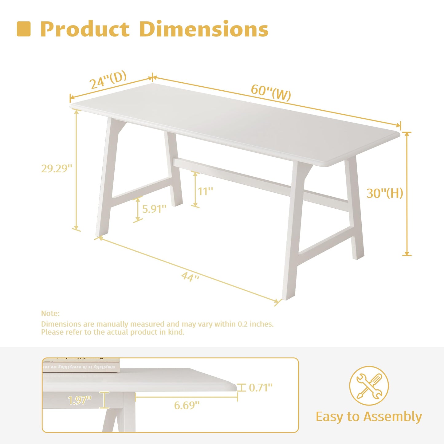 IOTXY Solid Wood Writing Table - 60" W x 24" D Minimalist Computer Desk for Home Office, Work, Study, Creativity, and PC Workstation, White