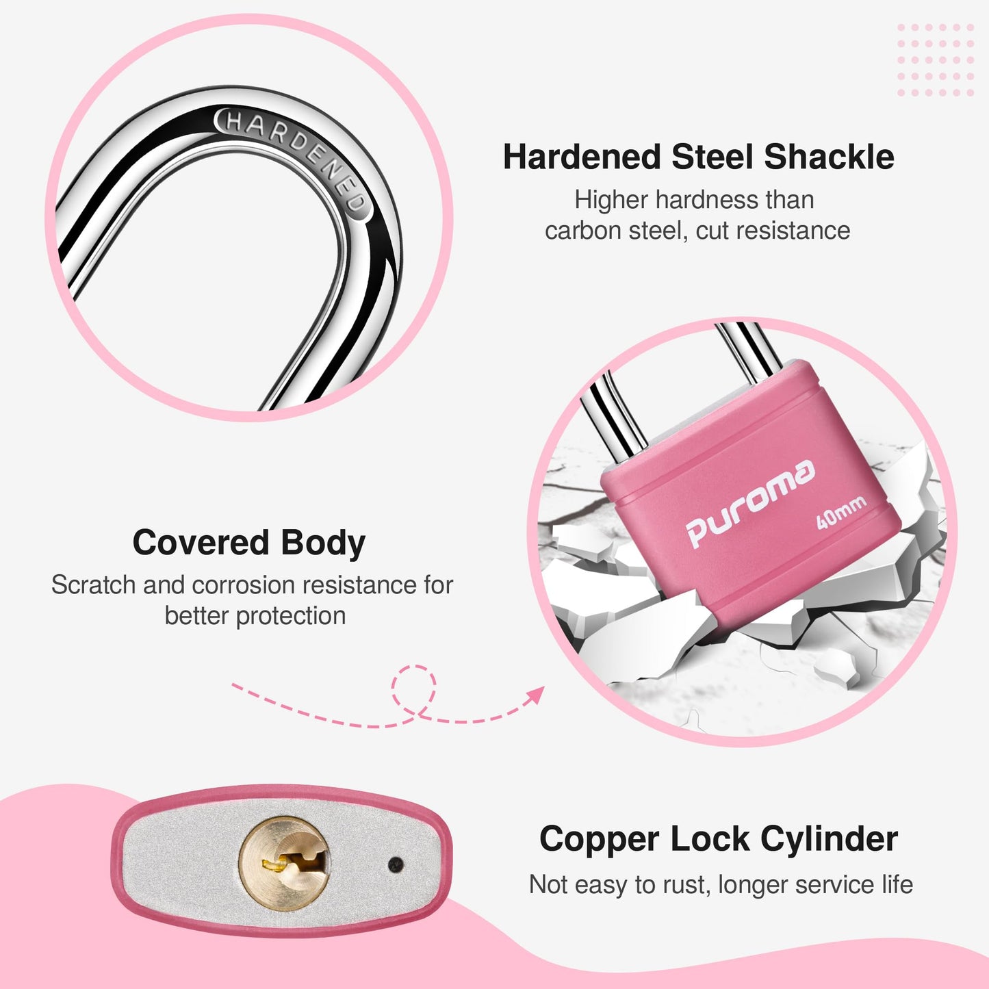Puroma Keyed Padlock with 2 Keys Alike, 7/8 Inch Locker Lock 40mm Heavy-Duty Locks for Gate Fence Hasp Cabinet Toolbox School Gym Locker (Pink)