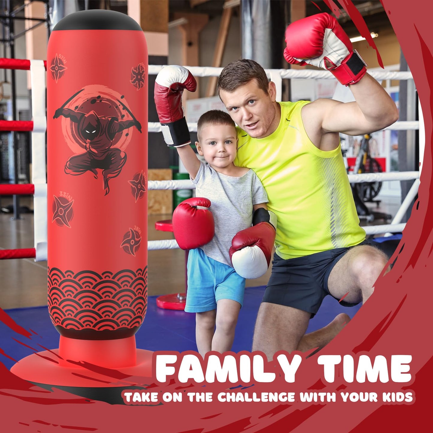 Sunikko X Tall Punching Bag for Kids, Larger 66 Inch Inflatable Stable Boxing Bag for Teens, Ninja Shuriken Toy Gifts for Boys Girls, Boxing Set with Gloves and Pump for Practicing Karate Taekwondo