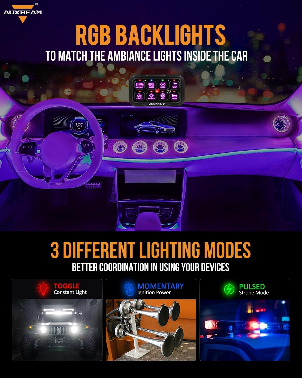 Auxbeam 8 Gang Switch Panel RC-800 RGB Wireless Remote Control Range Up to 165FT Multifunction Switch Pod 3 lighting modes with Backlit Off and Auto Dimmable for RV Offroad Waterproof 3 Years Warranty