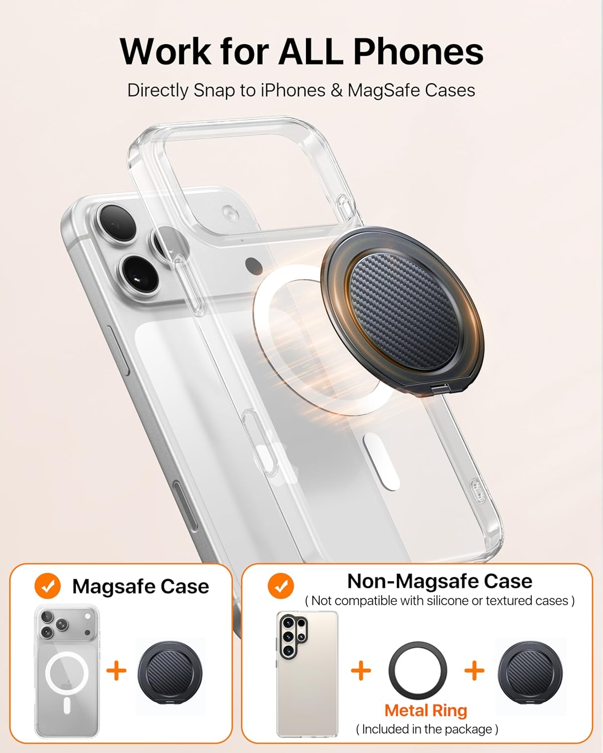 andobil [2026 [360 17 16 15 14 13 12, Ultra-Thin] Magnetic Phone Grip for MagSafe Rotate] Magnetic Cell Phone Ring