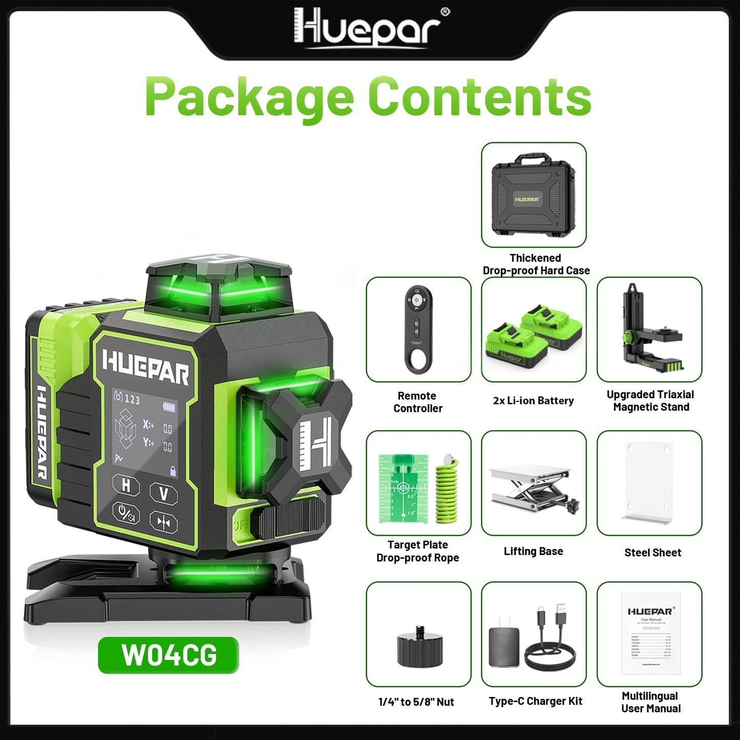 Huepar W04CG 4D Laser Level 360 Self Leveling with 2 Li-ion Batteries, Laser Class: Class II (IEC/EN60825-1/2014), 1mW power output