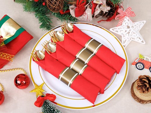 Nervure 400PCS Pre Rolled Gold Plastic Silverware Sets - Heavy Duty Gold Cutlery - Include 100 Pack Wrapped Disposable Utensils with Red Napkins for Christmas & Party & Wedding