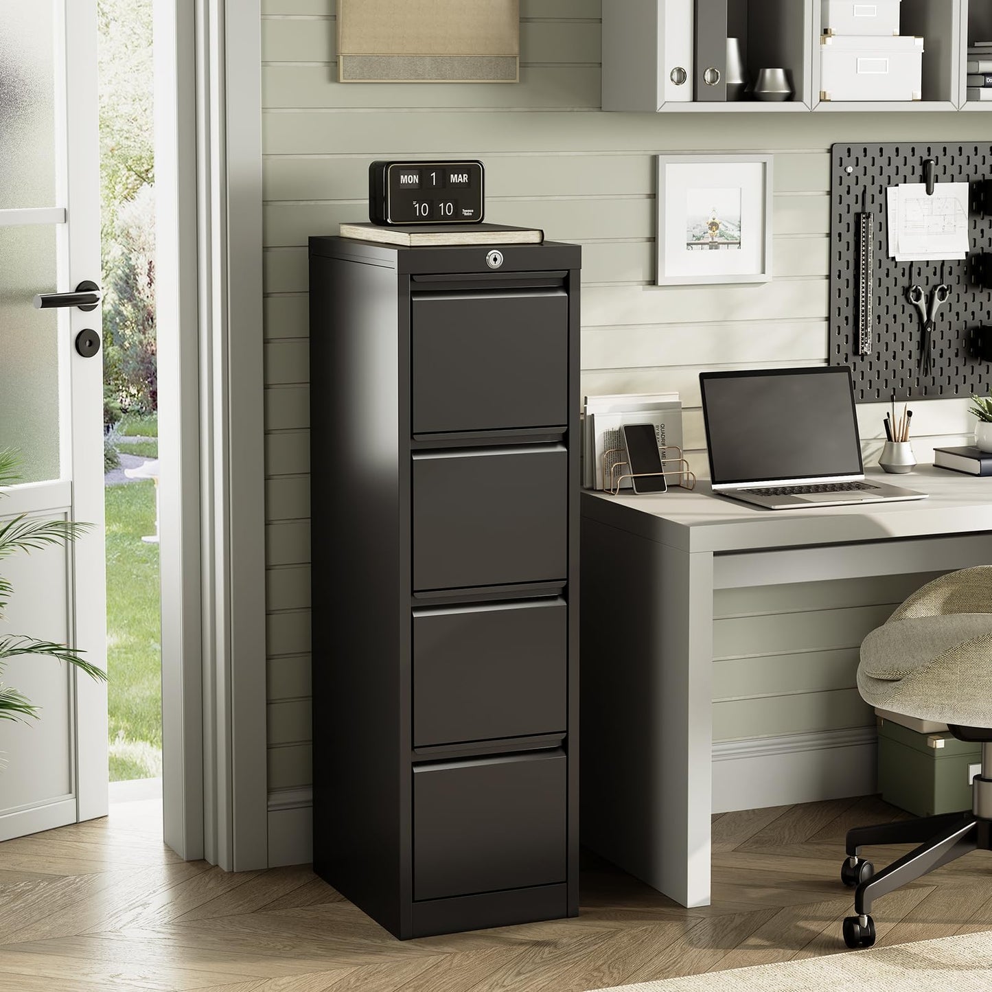 4 Drawer Vertical File Cabinet, Cold-Rolled Steel Locking Filing Cabinet with Anti-Tilt System, 330 Lbs Weight Capacity, Powder Coated Black, for Letter/Legal/A4/F4 Files, Home Office Commercial Use