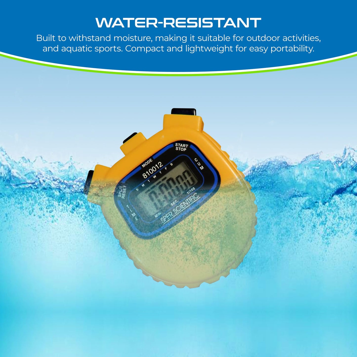 Sper Scientific Water Resistant Stopwatch 810012 - Digital Timer with Split Interval Function, 12/24 Hour Alarm Clock & Calendar for Sports, Labs, Fitness, and More - 2 pc