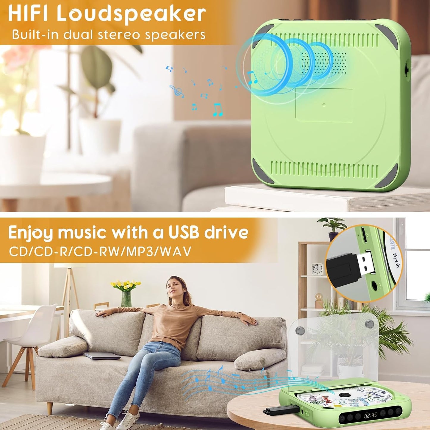 SKYANS Portable CD Player with Bluetooth, Rechargeable CD Player for Home/Car, Built-in HiFi Speakers, Headphones, LCD