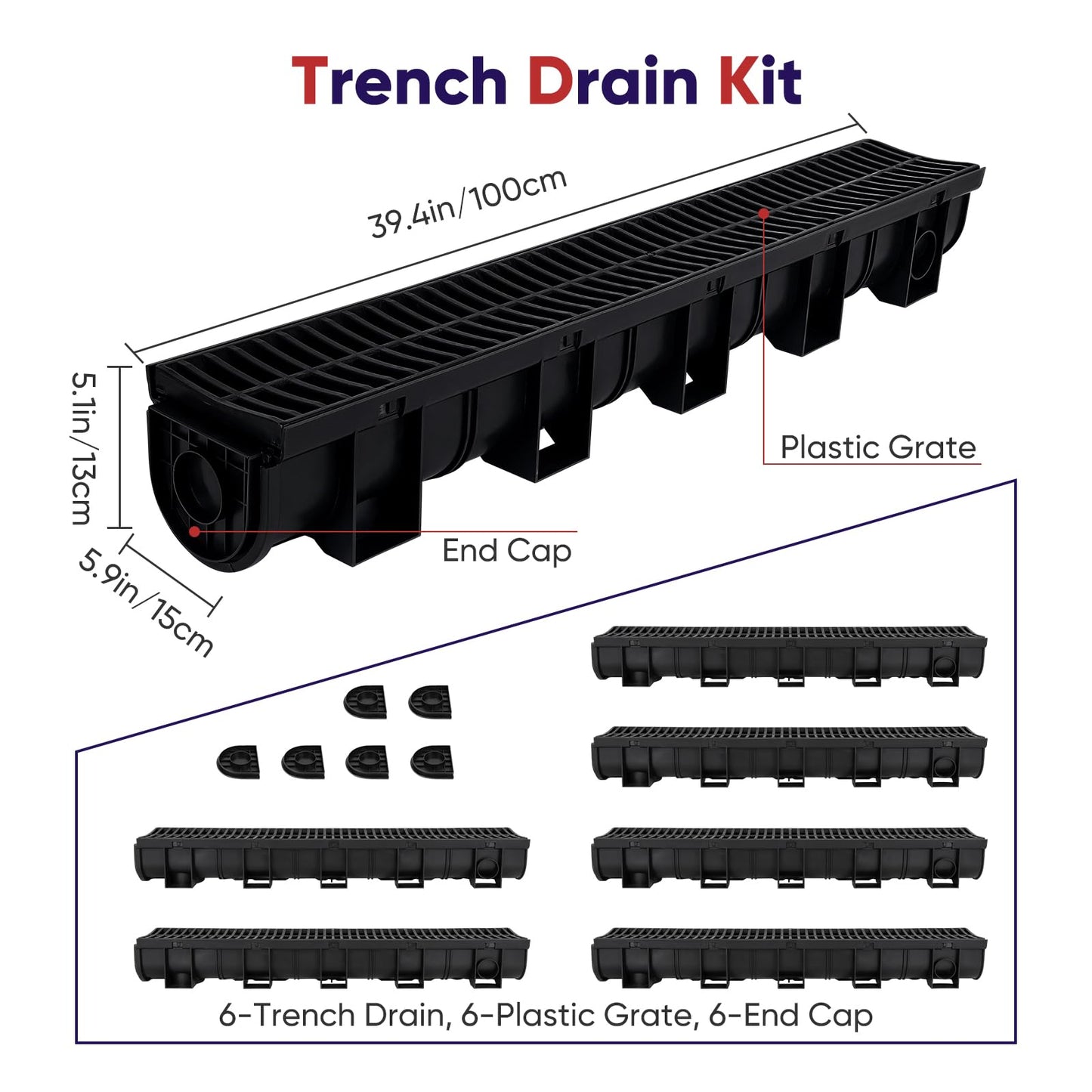FAHKNS Trench Drain System,5.9"*5.1"*39",6 Pack Channel Drain Hdpe Plastic Trench,B125 for Basement, Garage Floor Courtyard, Terrace, Garden Path, Garage Entrance Swimming Pool