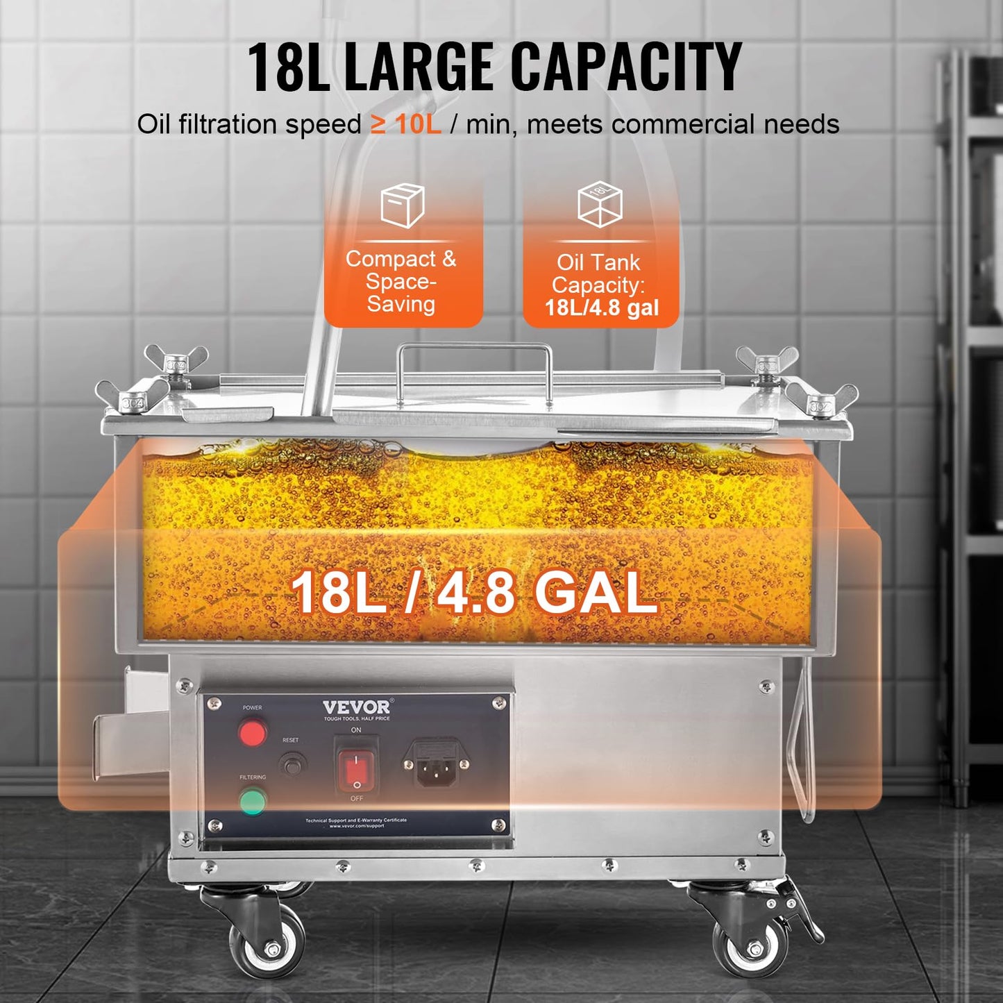 VEVOR Deep Fryer Filter 18 L/44 LBS/5.8 Gal, Frying Oil Filter System Machine 300W, Deep Fryer Oil Filter 10 L/min, Cooking Oil Filter Pump & Oil Hose, Mobile Fryer Filter 110V Kitchen Restaurant