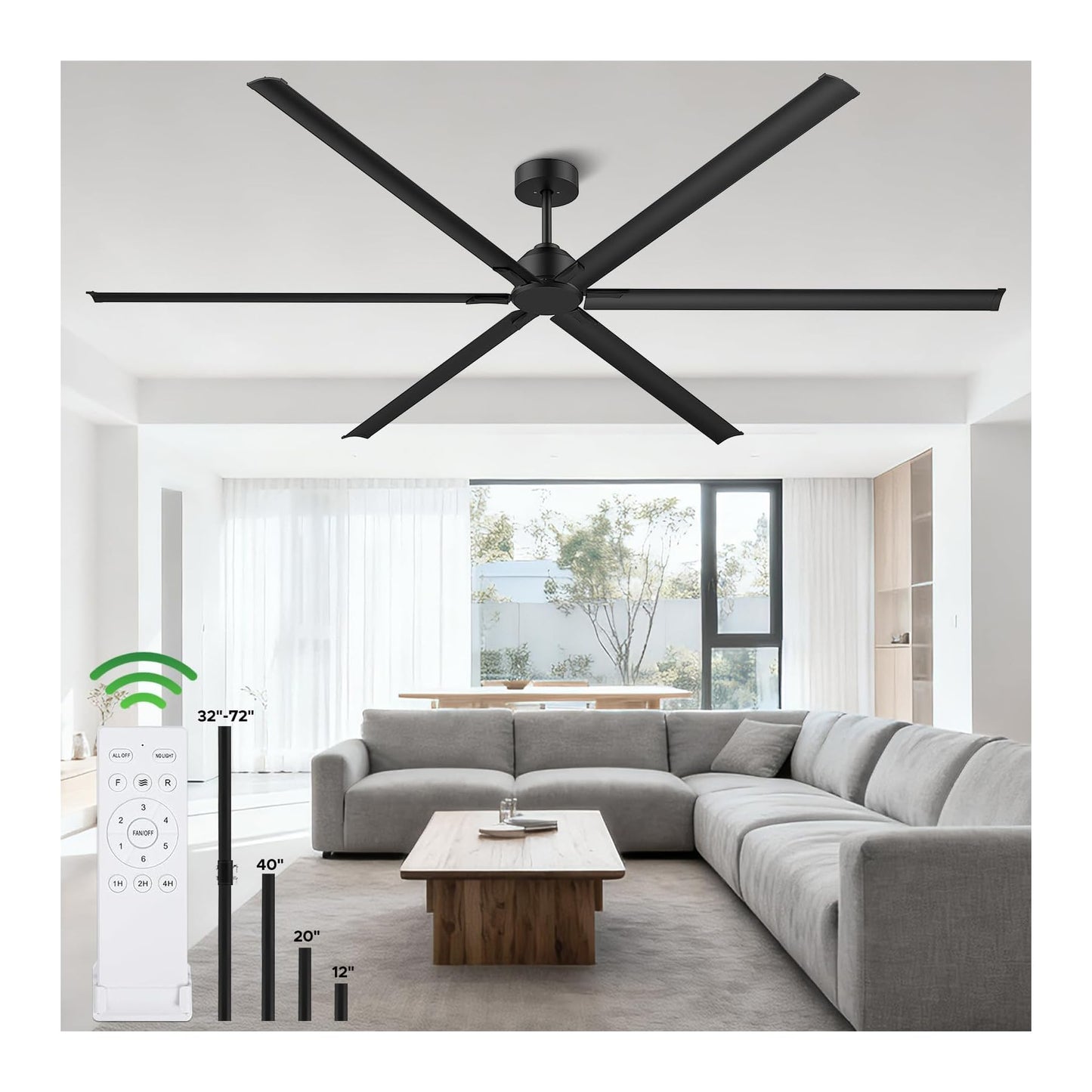 HVLS Large 108 Inch Industrial Ceiling Fan, Big Assed Commercial Ceiling Fan With Remote, Adjustable Height, 8 Blade DC Motor, Ceiling Fan Without Light, Garage Fan For Shop, Porch, Patio, Warehouse
