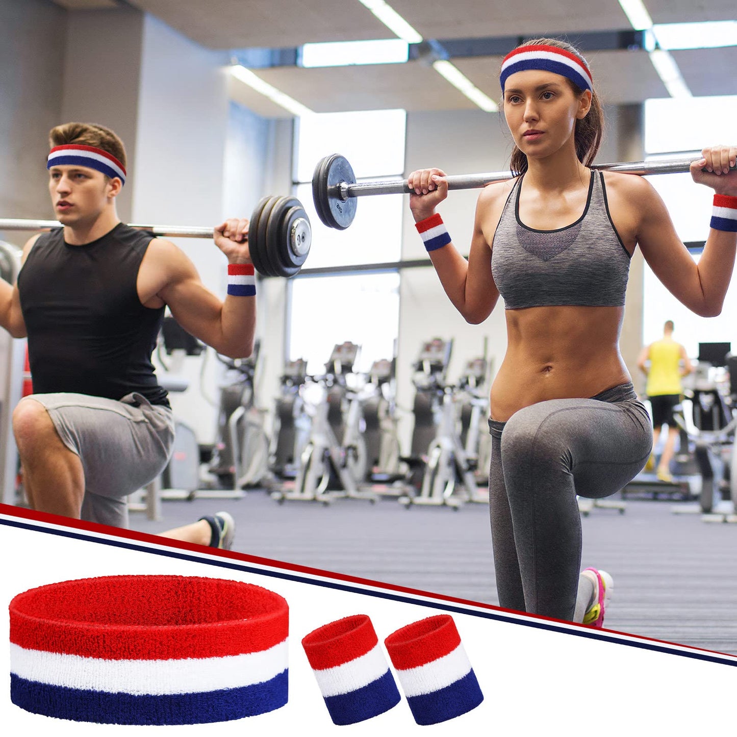 Eurzom 36-Piece Striped Sweatband Set: 12 Sweat-Absorbing Headbands and 24 Cotton Wristbands for Men, Women - Gym, Sports (White, Blue, Red)