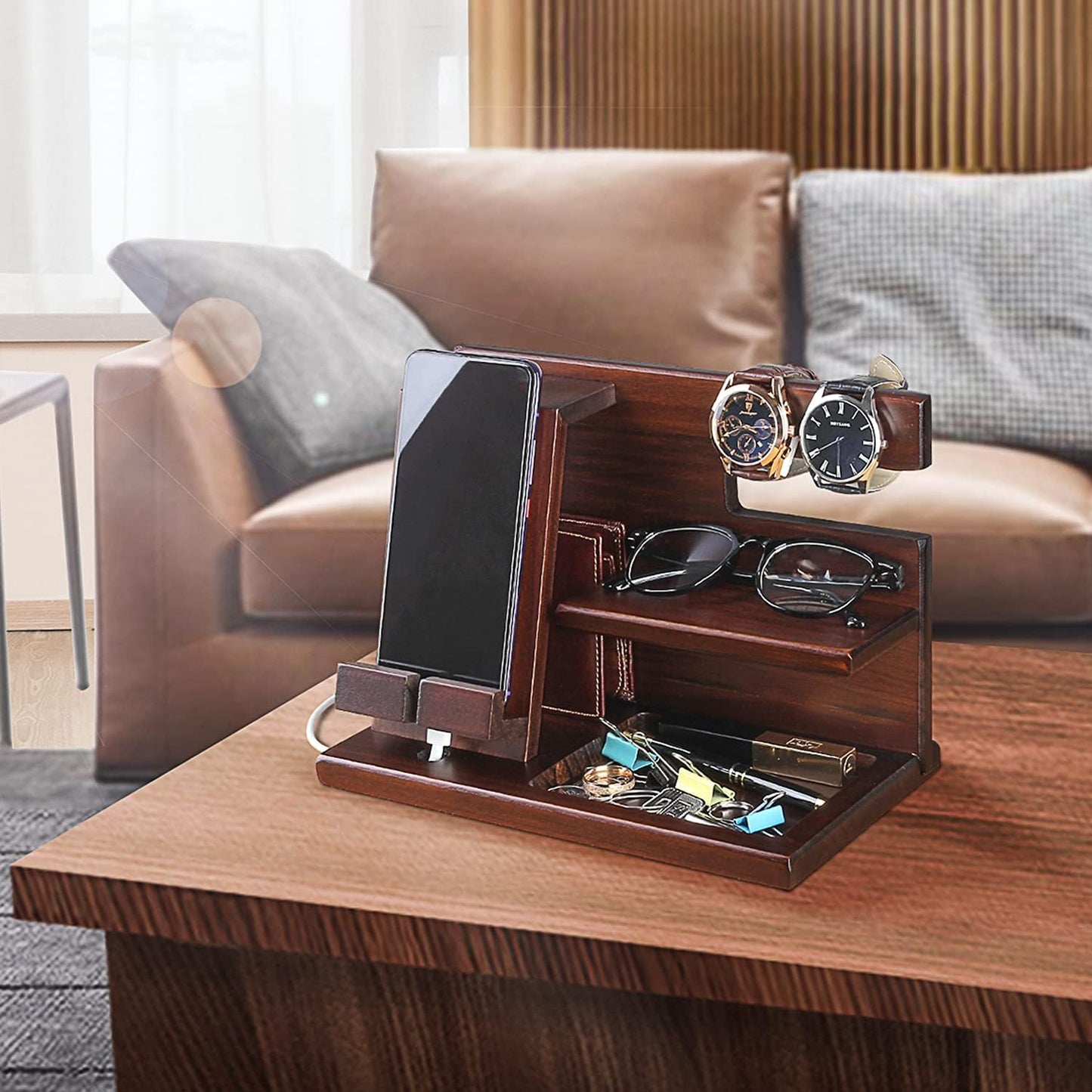 awofer Wood Phone Docking Station for Men - Wooden Nightstand Organizer - Personalized Idea for Him, Husband