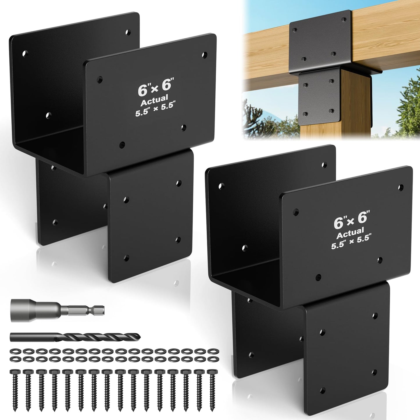 Wuno Shop 2 Pack 6x6(Actual 5.5"x5.5") Post Caps Tie Bracket, Stainless Steel Post to Beam Connectors for Wood, Heavy Duty Post Anchor Connector for Pergolas, Gazebos, Decks Porches-Black