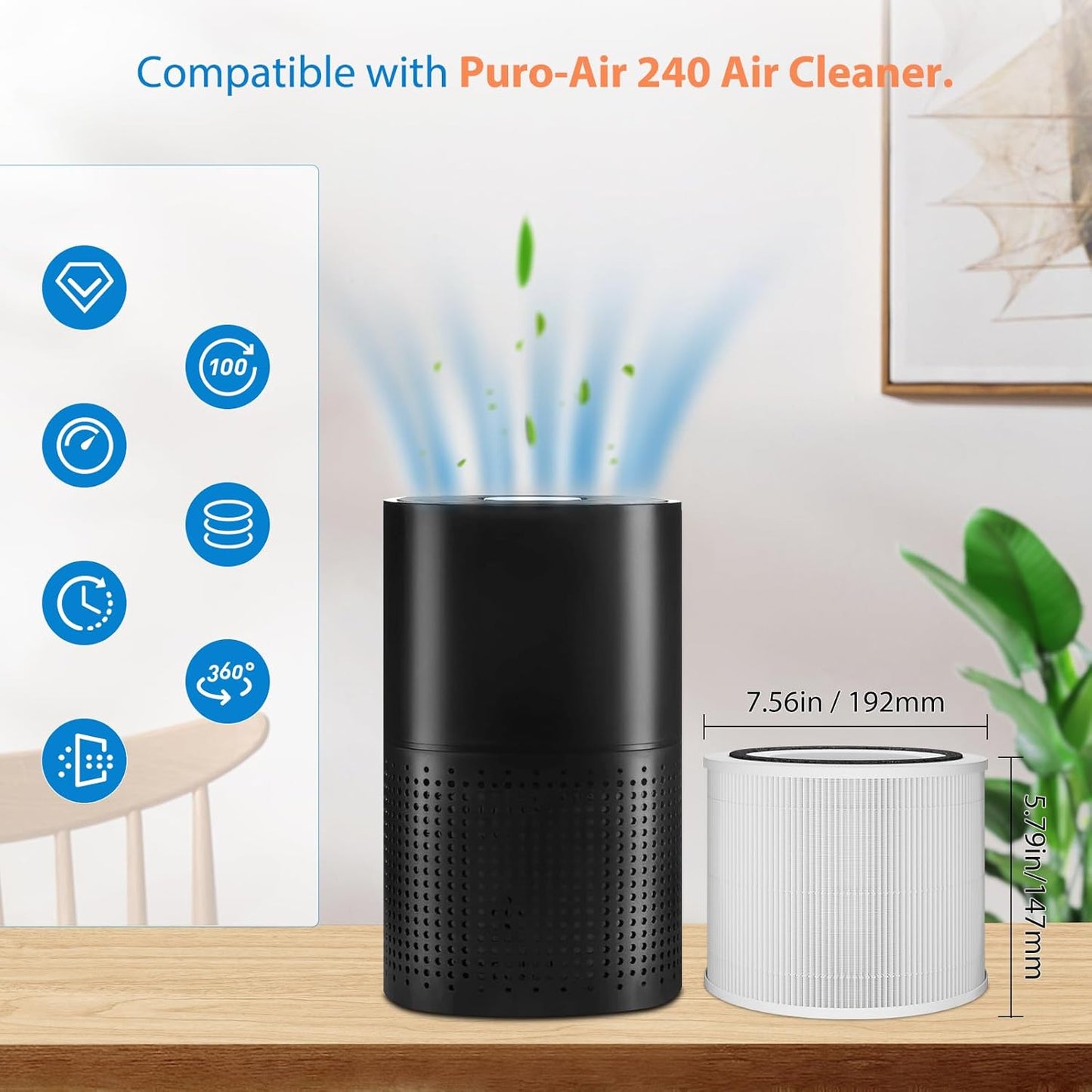 240 Air Filter Replacement - 2 Pack Activated Carbon Filters for 240 Air Purifier