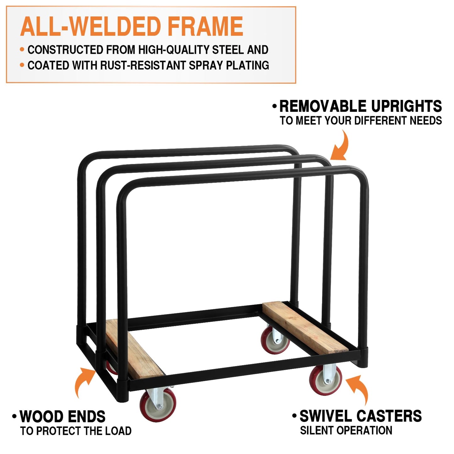 2IN1 Steel Panel Truck Cart, Lumber Cart Drywall Dollies Cart，1500LBS Heavy Duty Flatbed Cart Dollies with 5" Swivel Brake Wheels, Plate Platform Truck with 3 Side Handrails