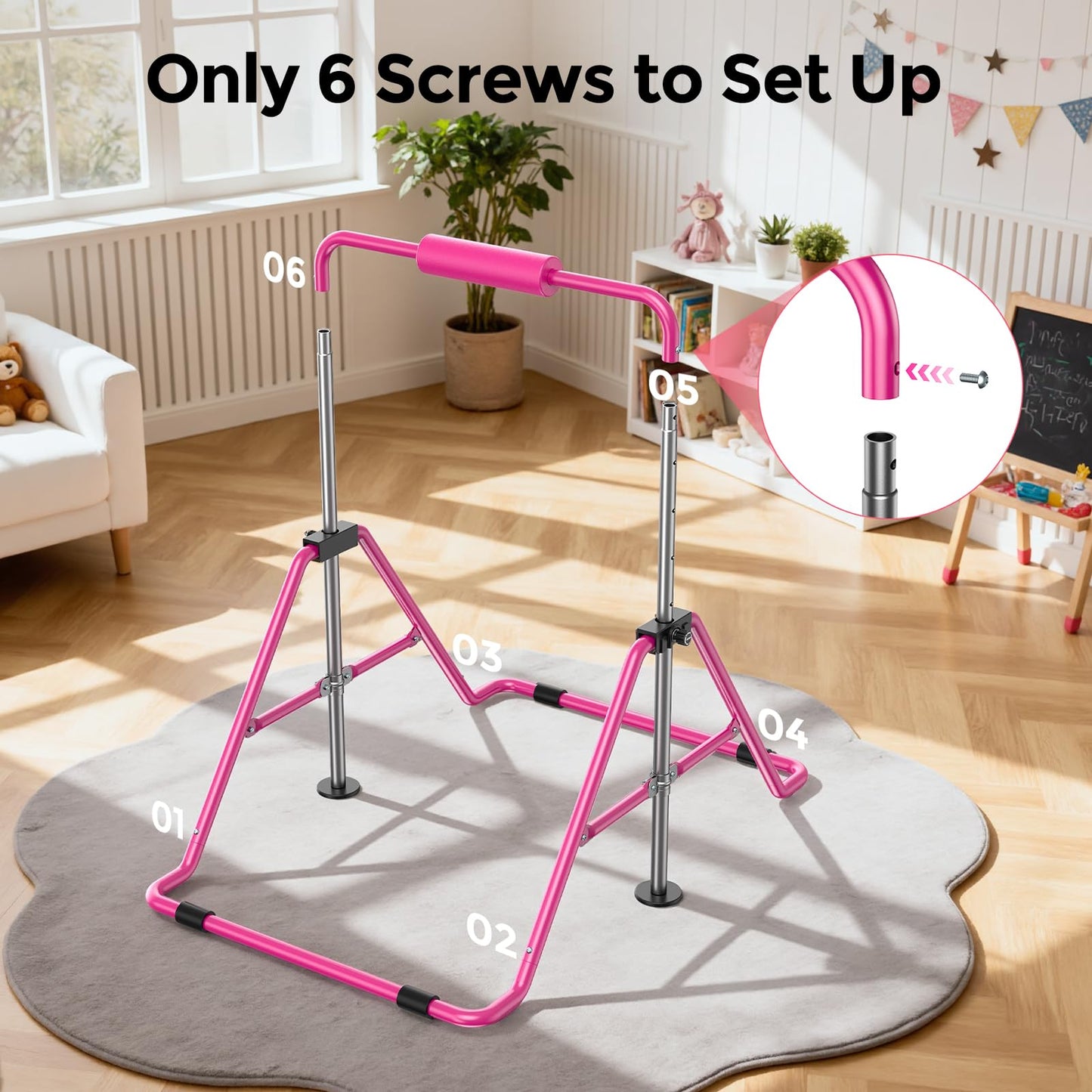 Sportsroyals Gymnastics Bar for Kids,Adjustable Height Gymnastic Horizontal Bars,Folding Gymnastic Junior Training Kip Bar for Home, Pink (Pink)